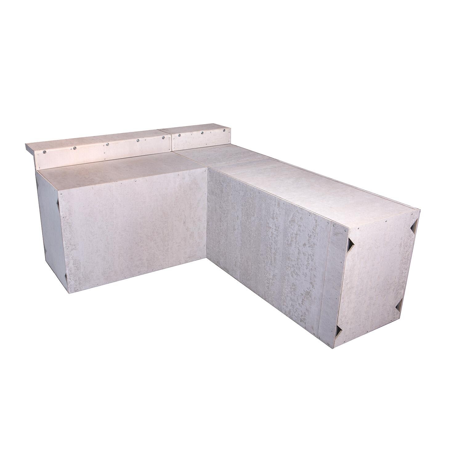 Universal 7 ft X 8 ft Ready To Finish L-Shaped Outdoor Kitchen System Appliance and Storage Cabinets W/Bars On 54 Inch & 90 Degree Corner Cabinets - White Background thumbnail