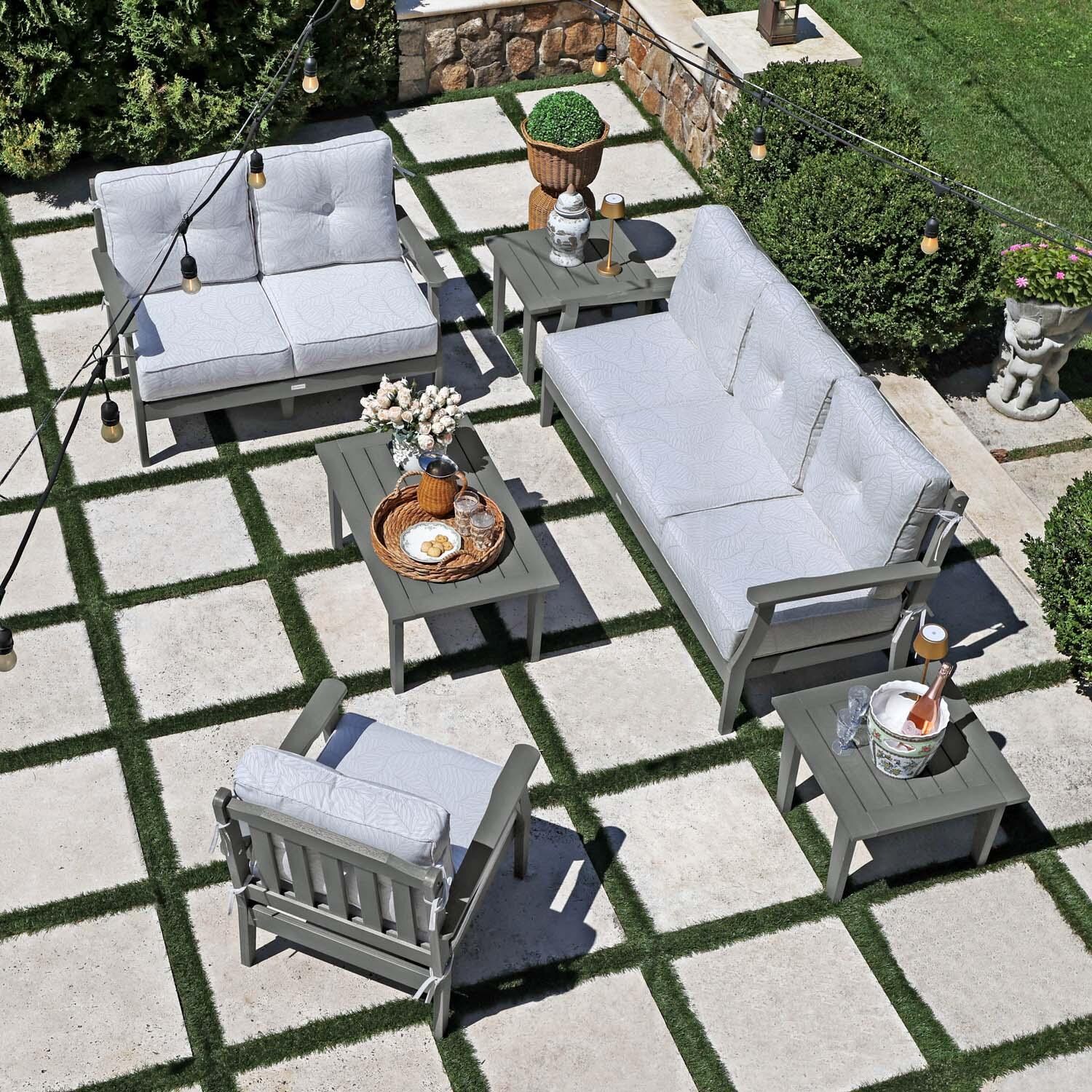 Blushing Bay 6 Pc Recycled Plastic Grand Seating Set in Lively Parchment/Coastal Teak by Lakeview Outdoor Designs - Top View - Lifestyle thumbnail