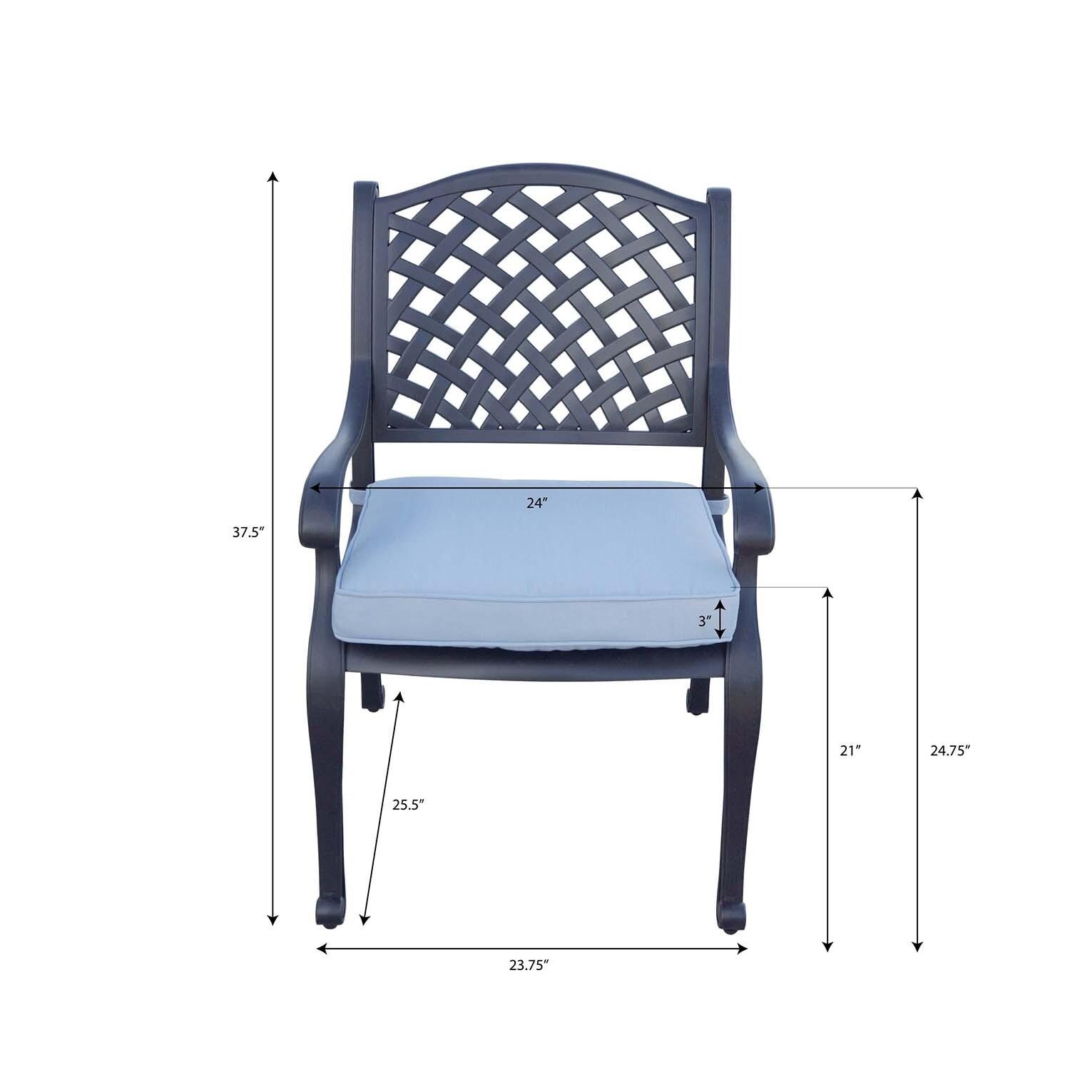 Nassau 5 Pc Cast Aluminum Dining Set w/ Sky Blue Cushions in Antique Bronze By Darlee - Dimensional thumbnail