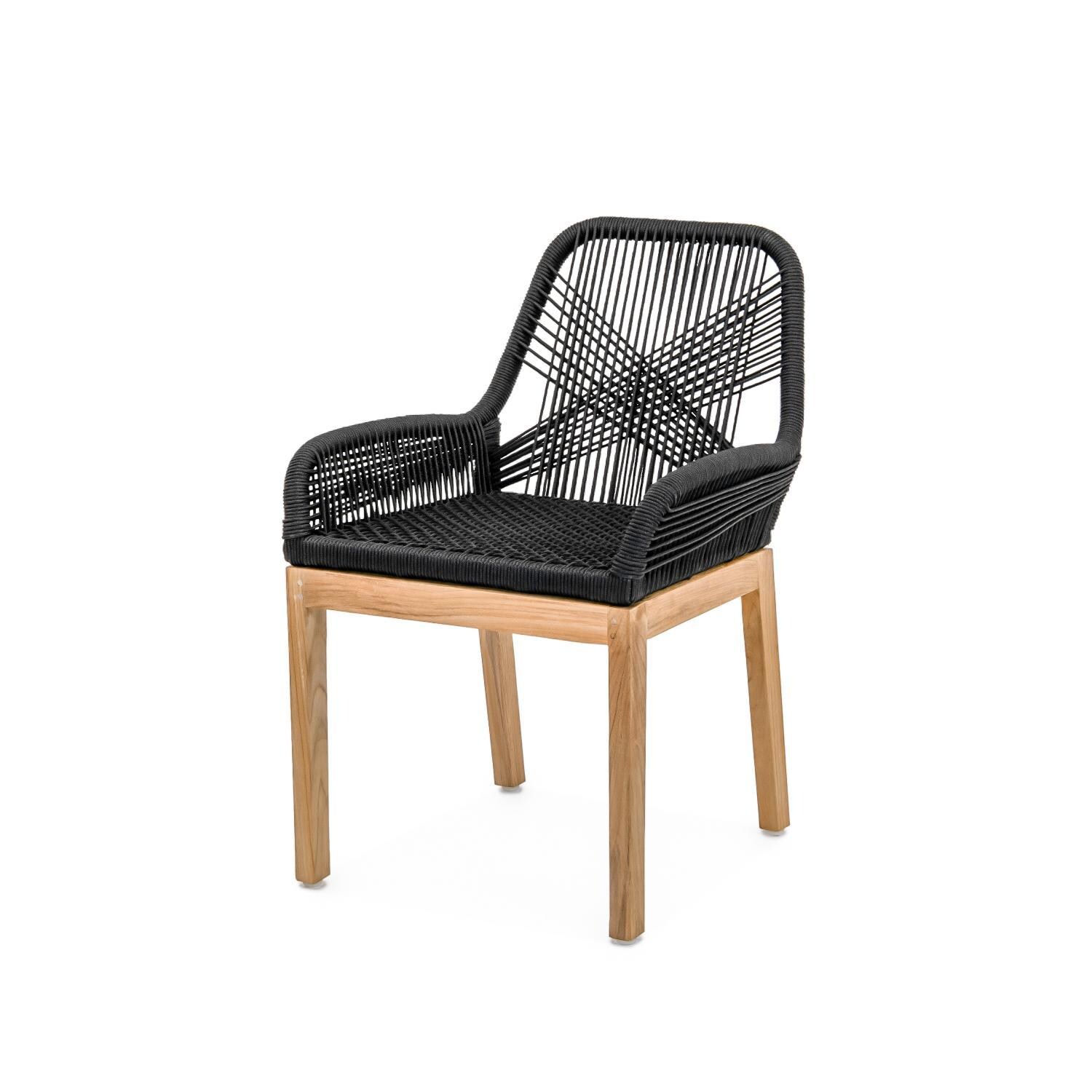 Teak + Table Breeze 7 Piece Olefin Rope & Teak Patio Dining Set W/ Extension in Charcoal - Angled Dinging Chair - White Background thumbnail