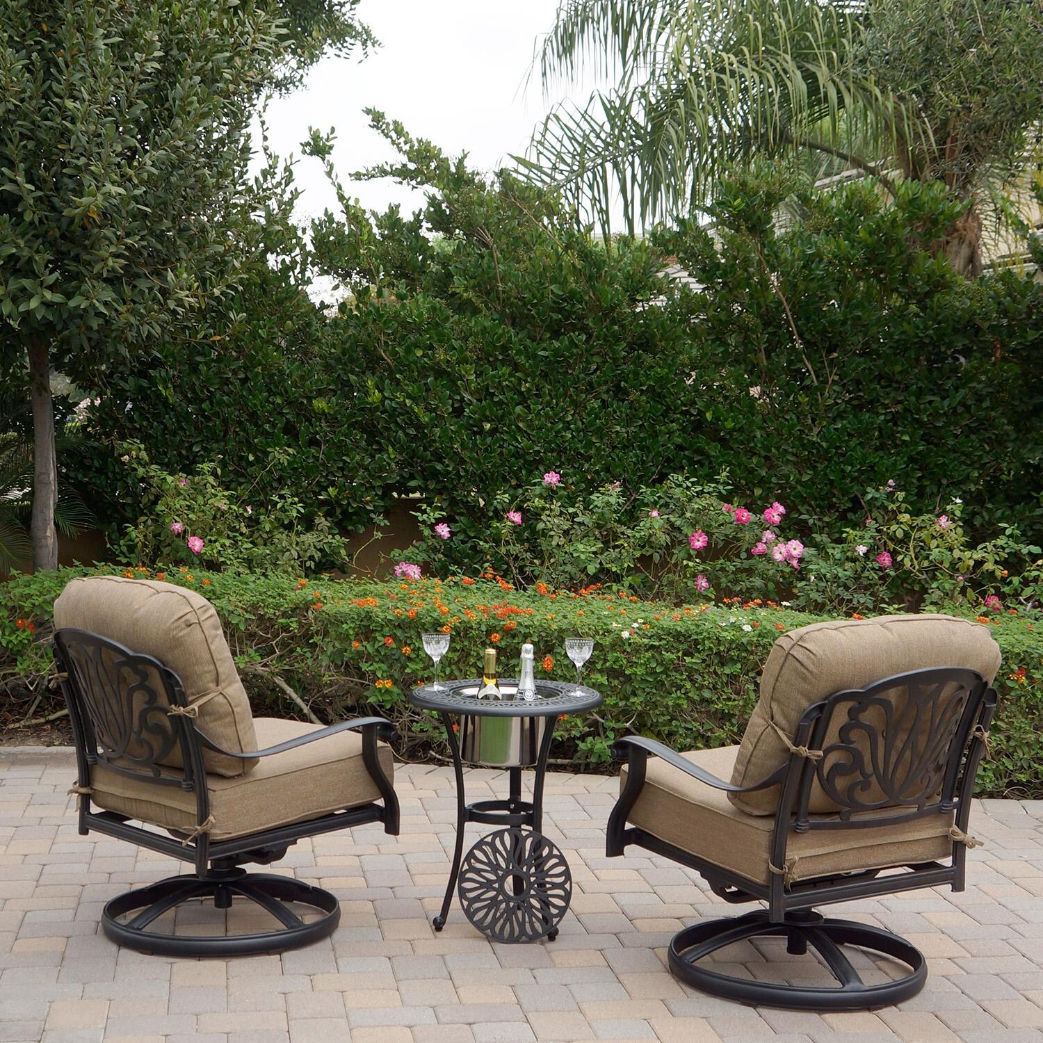 Elisabeth 3 Pc Cast Aluminum Seating Set w/ Ice Bucket End Table in Antique Bronze by Darlee - Rear View - Lifestyle thumbnail