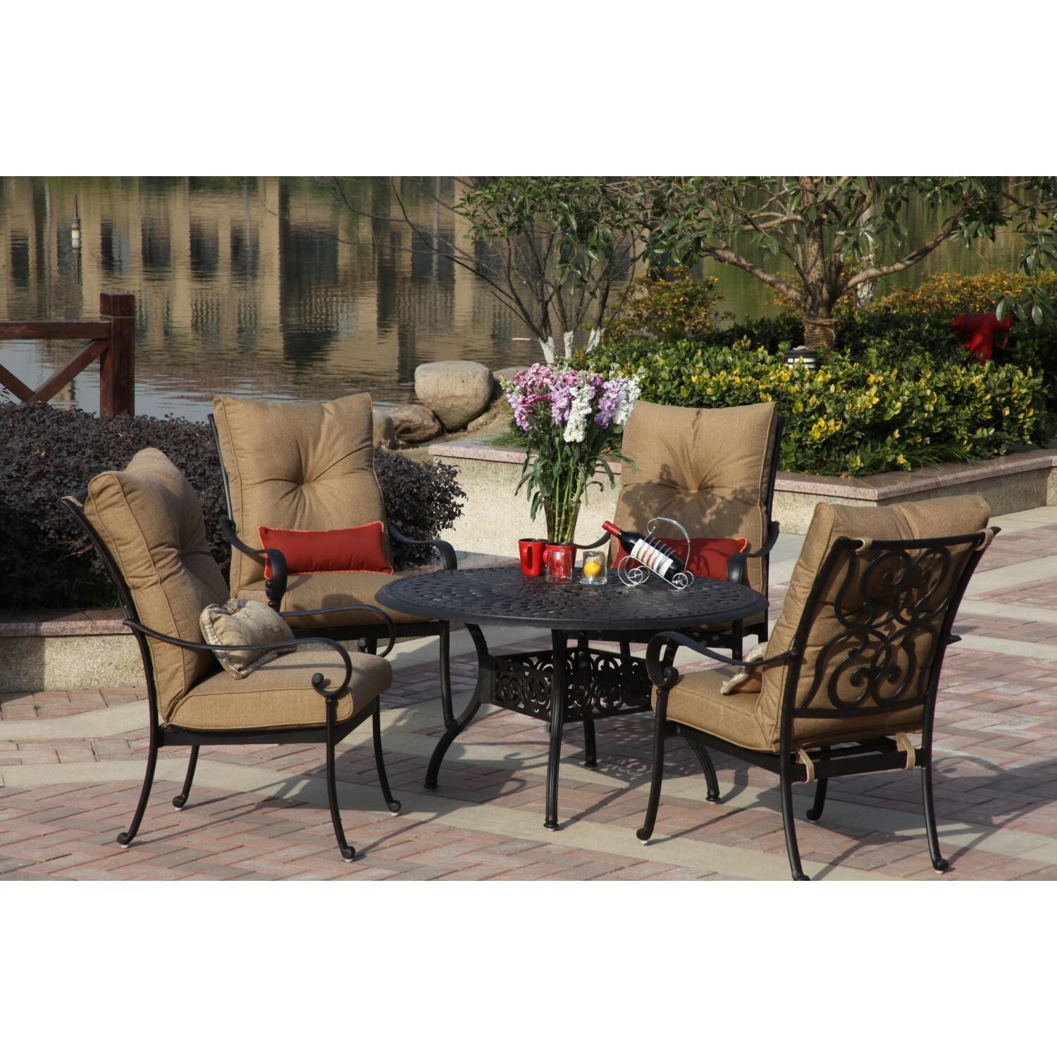 Santa Anita 5 Pc Cast Aluminum Patio Dining Set W/ Sesame Sunbrella Cushions By Darlee - Back Patio - Full View - Lifestyle thumbnail