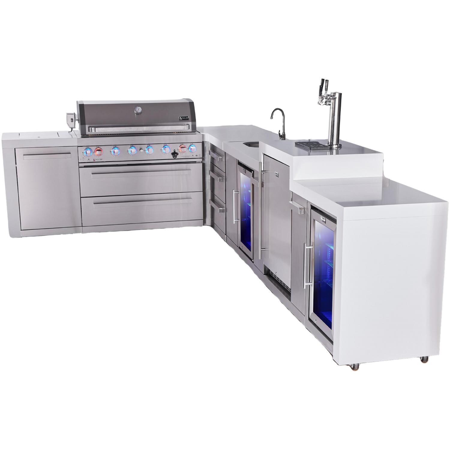 Mont Alpi Deluxe Series 12 Ft Propane Outdoor Kitchen Island w/ 32-in Grill, Side Burner, Beverage Center, Kegerator, Fridge & Triple Drawer - MAi805-D90KEGBEVFCDR - Angled Right - White Background thumbnail