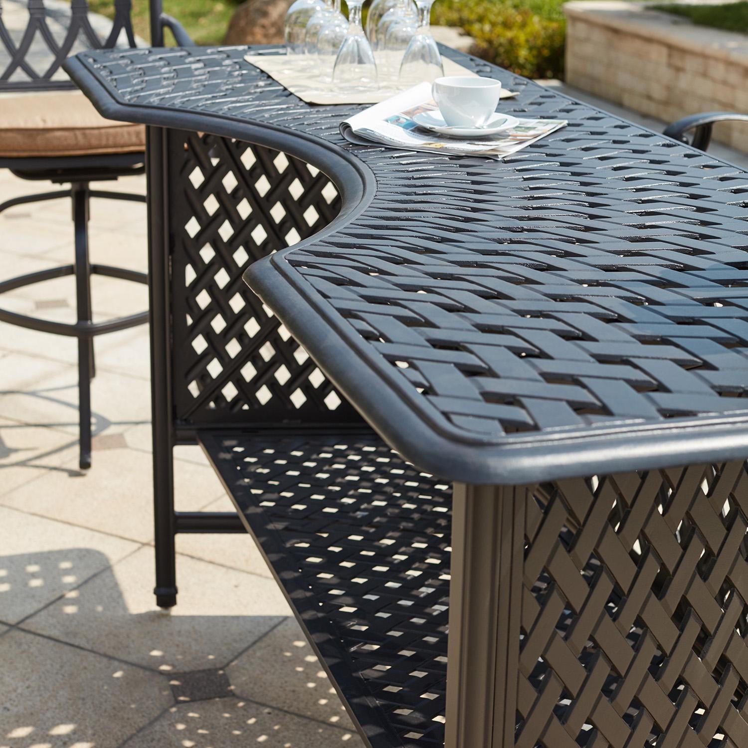 Darlee Classic 5 Pc Cast Aluminum Patio Party Bar Set w/ Backless Swivel Bar Stools & Beige Canvas Cushions - Table & Storage - Lifestyle thumbnail