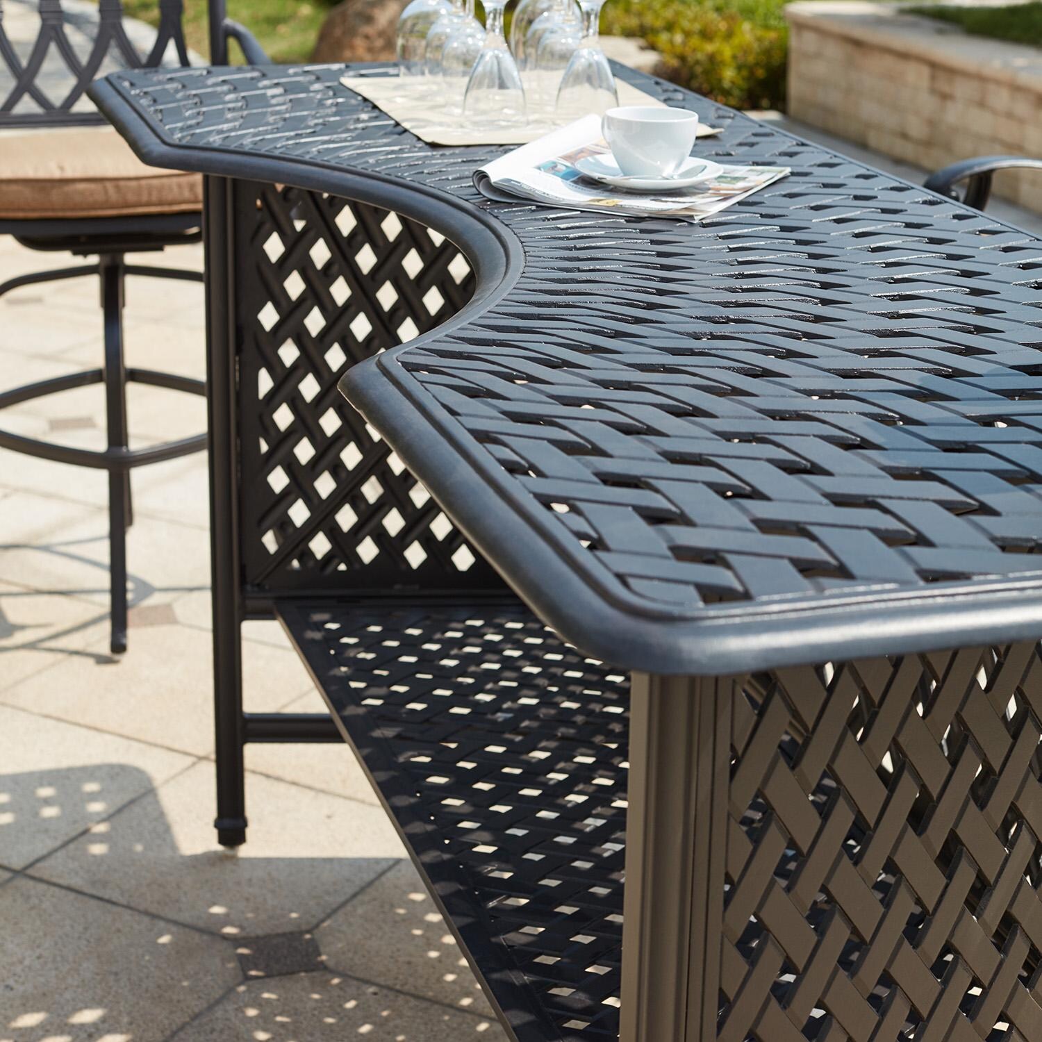 Darlee Classic 5 Pc Cast Aluminum Patio Party Bar Set w/ Backless Swivel Bar Stools & Beige Canvas Cushions - Table & Storage - Lifestyle thumbnail