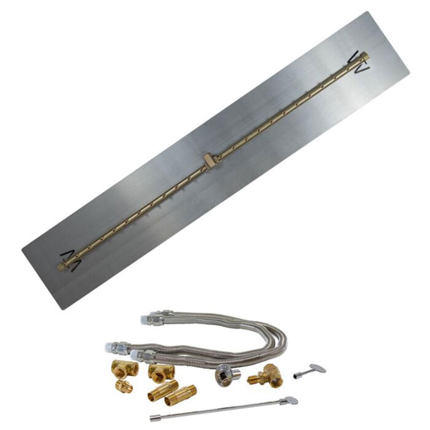 Warming Trends 49 5/8 Linear Brass Natural Gas/Propane Burner w/ 56 X 10-in Plate & Double Flex Line Kit - White Background thumbnail