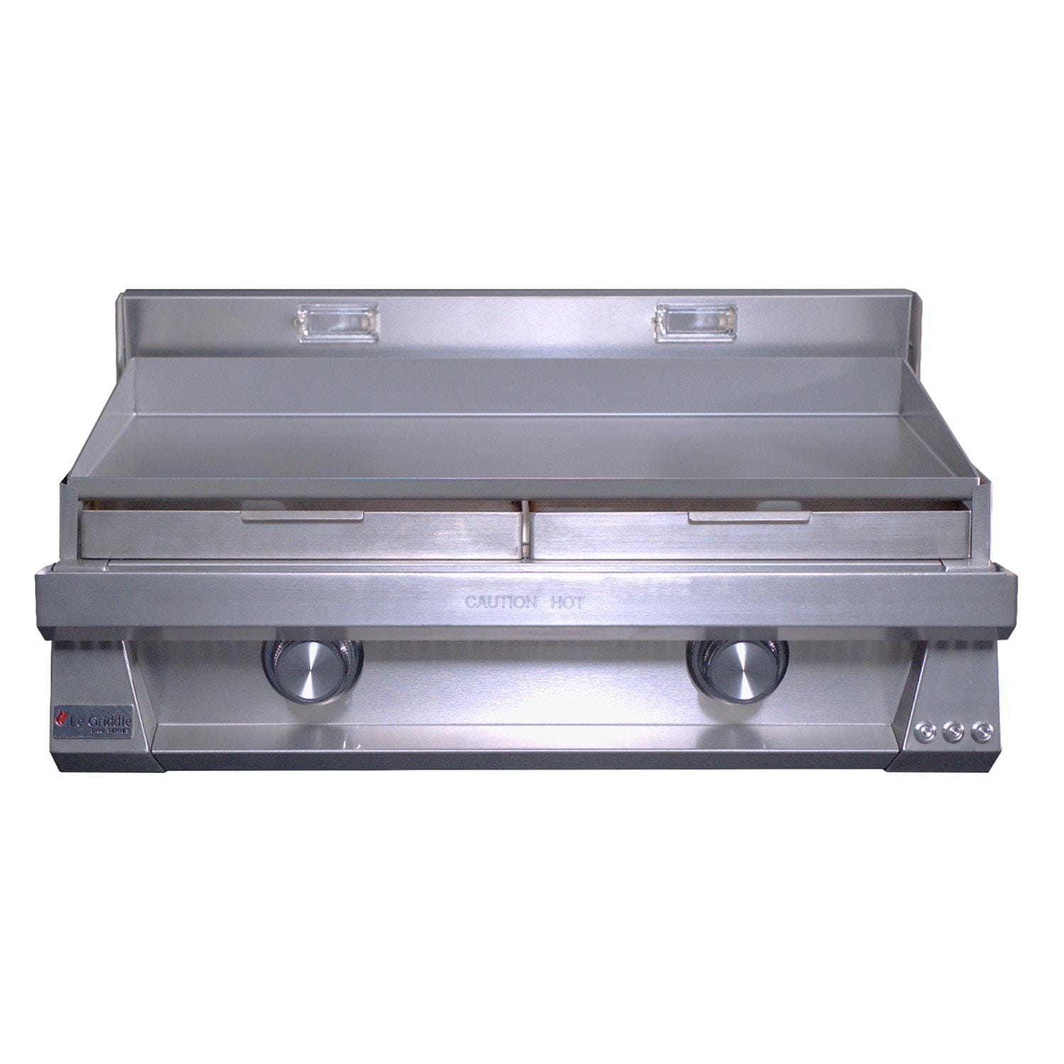 Le Griddle Pro Series 75 30-in 2 Burner Built-In Natural Gas Flat Top Grill w/ 3mm Plate & Lid - Grease Disposal Slide Out Trays - Side View - White Background thumbnail