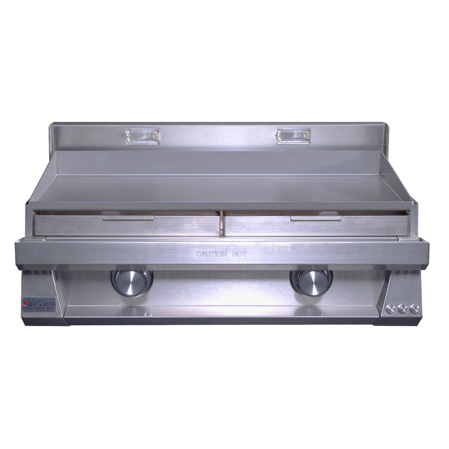 Le Griddle Pro Series 75 30-in 2 Burner Built-In Natural Gas Flat Top Grill w/ 3mm Plate & Lid - Grease Disposal Slide Out Trays - Side View - White Background thumbnail