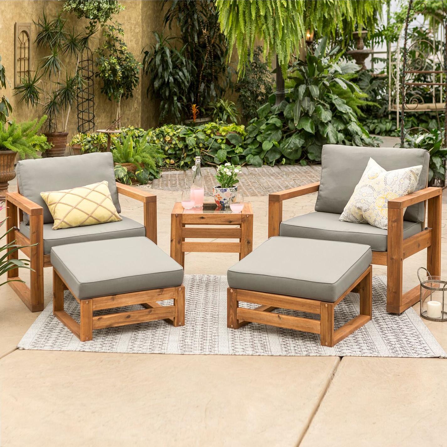 Hudson 5 Piece Acacia Patio Conversation Set W/ Gray Cushions By Walker Edison image