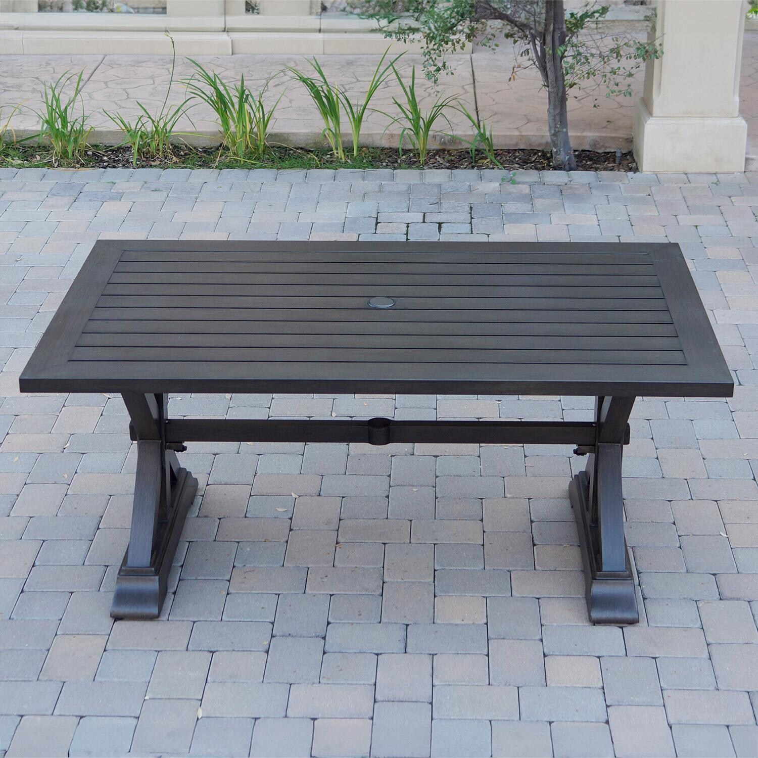 Darlee Brooklyn 6-Piece Patio Dining Set (with 4 Dining Chairs and 1 Bench) with Cushions and 39 X 67 Inch Rectangular Dining Table - Table Front - Lifestyle thumbnail