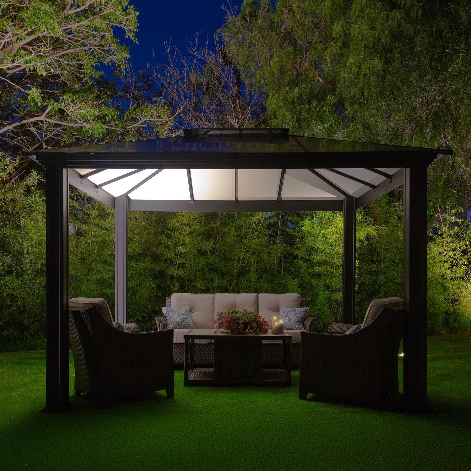Paragon Outdoor GZ3-1012 Santa Monica 10' x 12' Aluminum Hard Top Gazebo - At Night - Lifestyle thumbnail