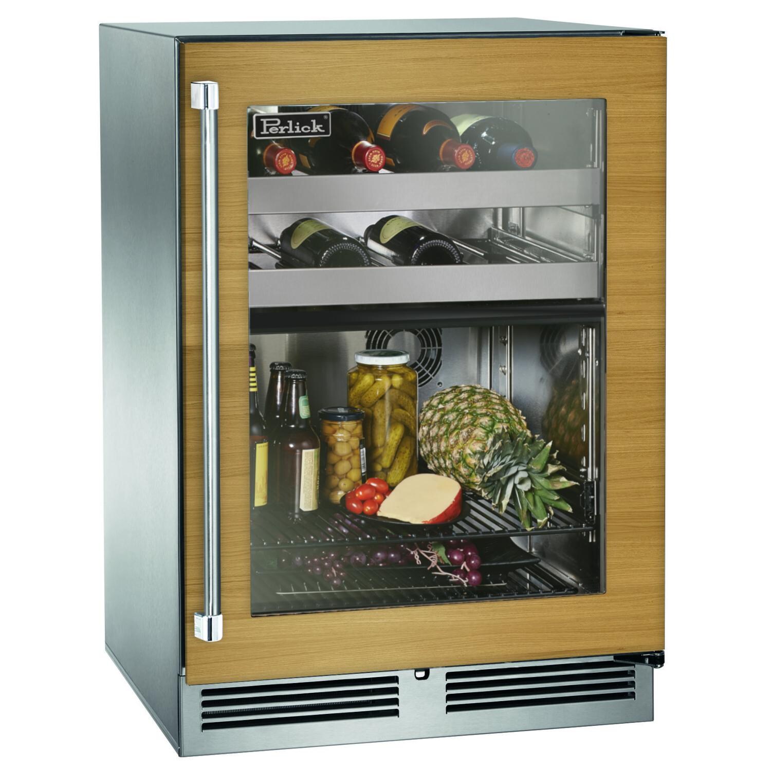 Perlick HP24CO-4-4R 24-Inch Signature Series Stainless Steel Panel Ready Glass Door Outdoor Dual Zone Refrigerator/Wine Reserve - Right Hinged - Custom Light Wood Panel thumbnail