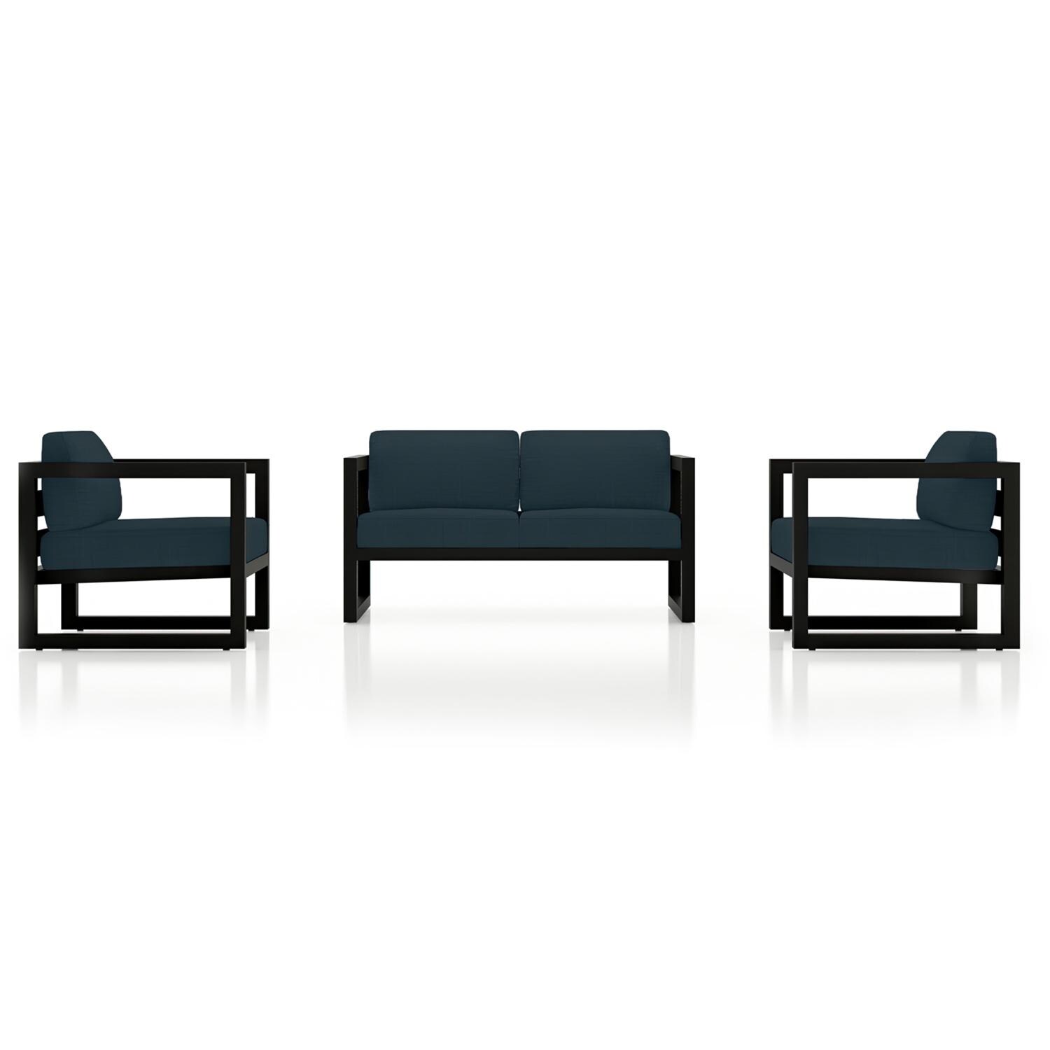 Lakeview MSTYCV-BK-3LSS-IN Misty Cove 3 Pc Aluminum Seating Set in Black w/Loveseat & Spectrum Indigo Cushions by Lakeview Outdoor Designs - Set Front View - White Background thumbnail