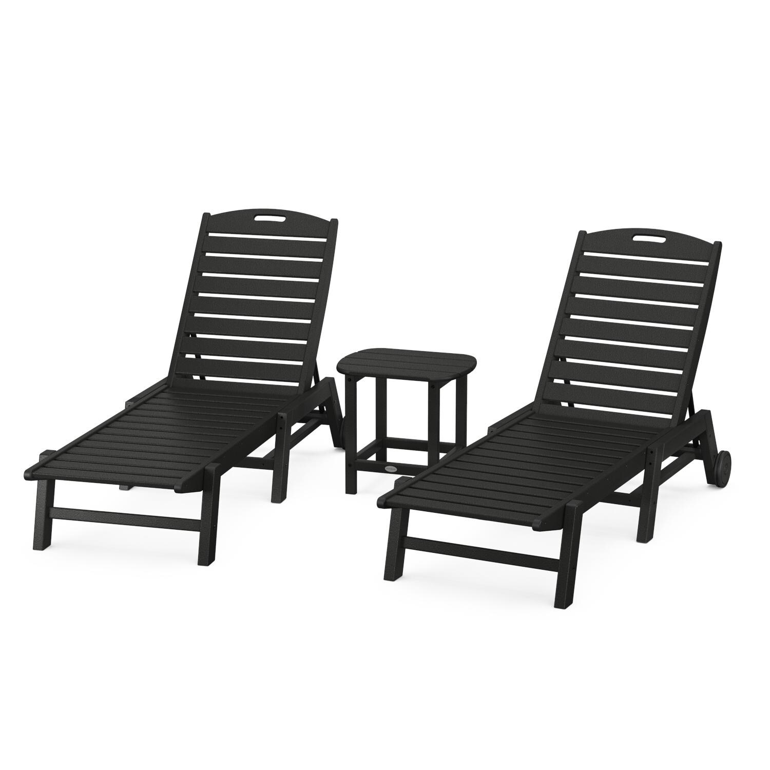 Nautical 3 Pc Set Recycled Plastic Chaise Lounge Set w/ Wheels in Black by POLYWOOD