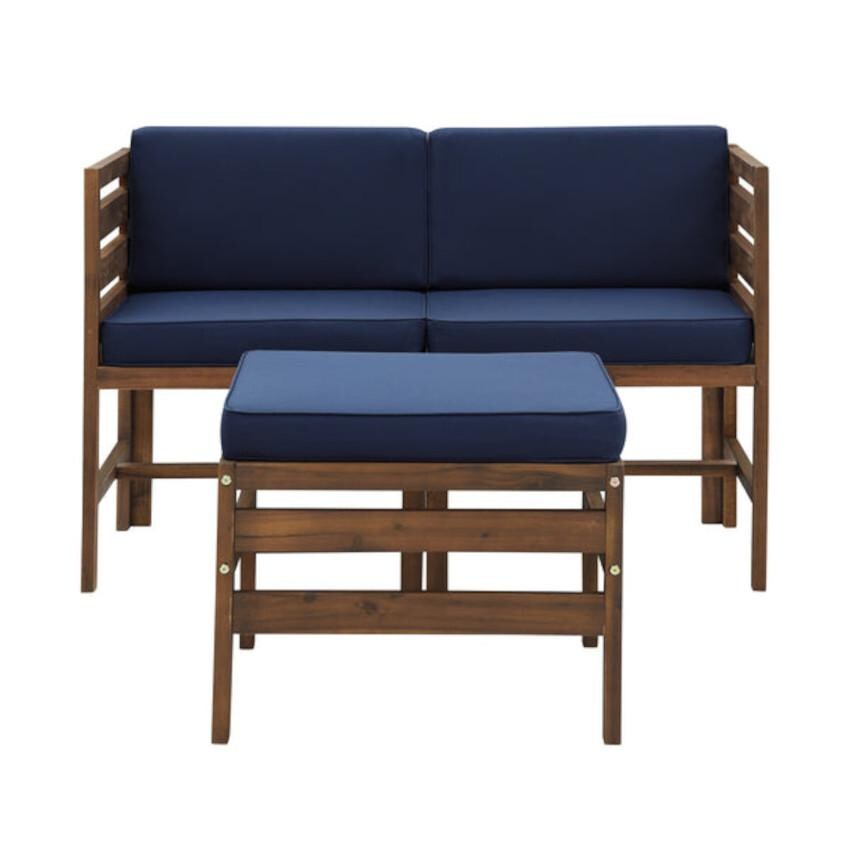 Walker Edison Sanibel 3 Piece Acacia Patio Sectional Set W/ 23 1/2 Inch Square Ottoman - Dark Brown/Blue image