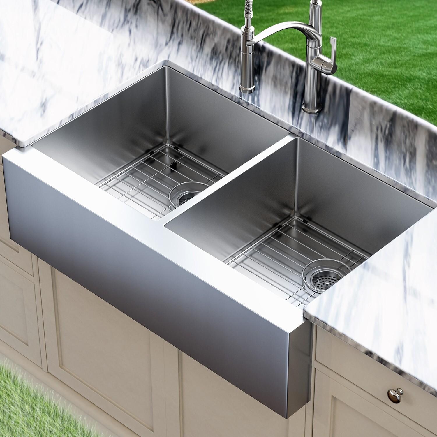 BBQGuys Signature Farmhouse Flat Apron Double Bowl Stainless Steel 36-Inch Sink W/Grids and Strainers