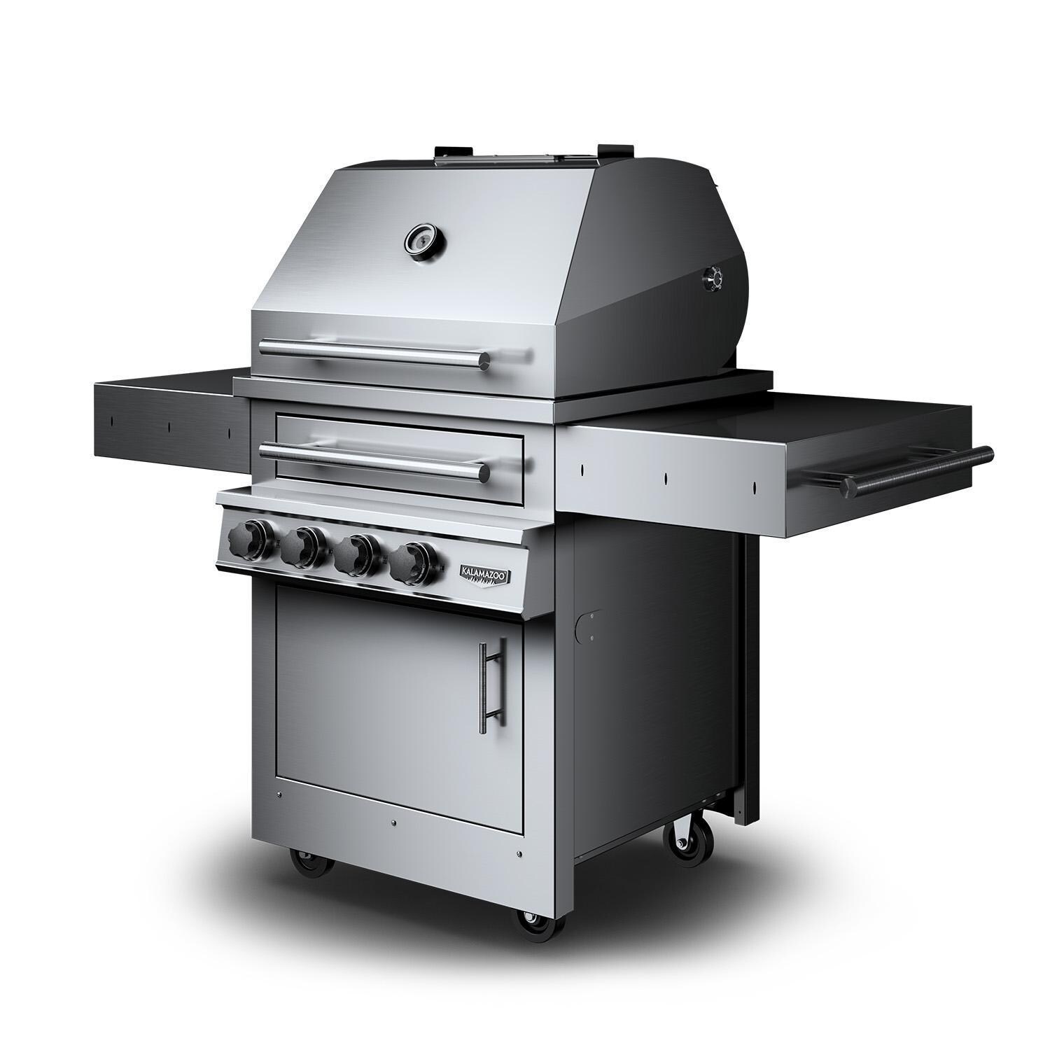 Kalamazoo K500HT Hybrid Fire Two Burner Marine Grade Freestanding Natural Gas Grill W/ Vegetable & Plancha Grill Surface Grates - Angled - White Background thumbnail