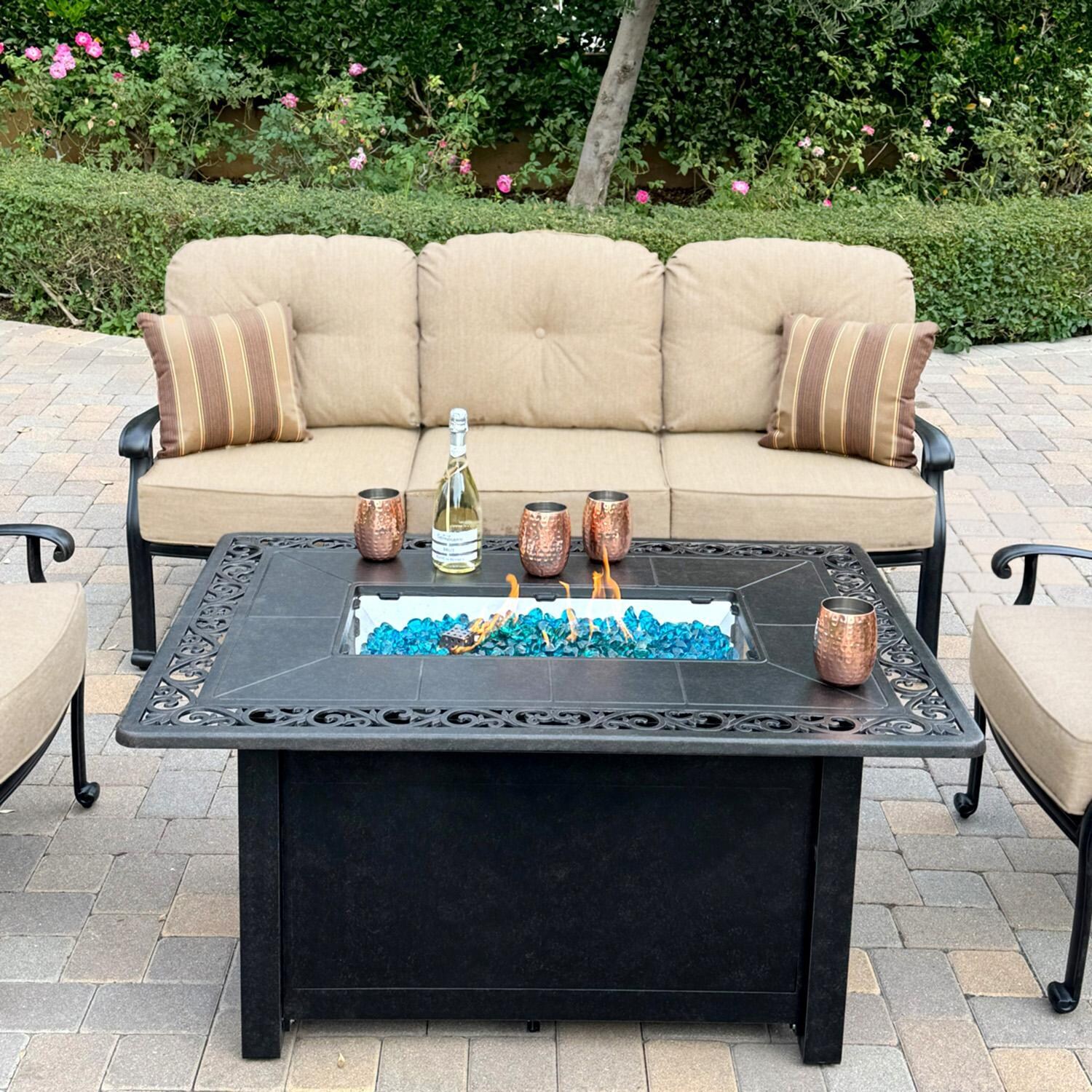 Darlee Elisabeth 6 Pc Cast Aluminum Fire Pit Seating Set w/ Club Chairs, Sofa, and Ottoman in Antique Bronze/Beige - Table - Lifestyle thumbnail