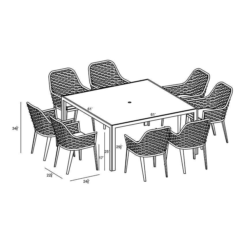 Chloe Bay 9 Pc Aluminum Square Dining Set in Black by Lakeview - Dimensional thumbnail