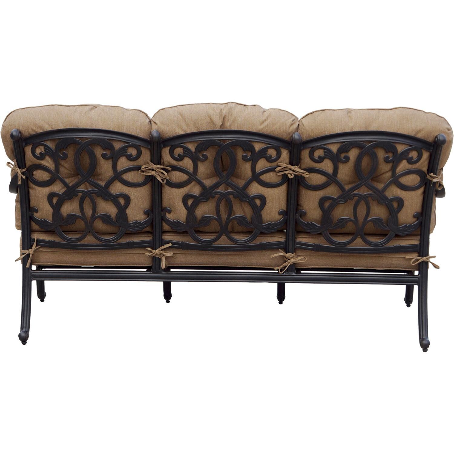 Darlee Santa Monica 4-Piece Patio Propane Fire Pit Sofa Conversation Set (with 2 Swivel Rocker Club Chairs) with Cushions and 47 Inch Round Fire Pit Chat Table and Fireglass - Sofa Back - White Background thumbnail