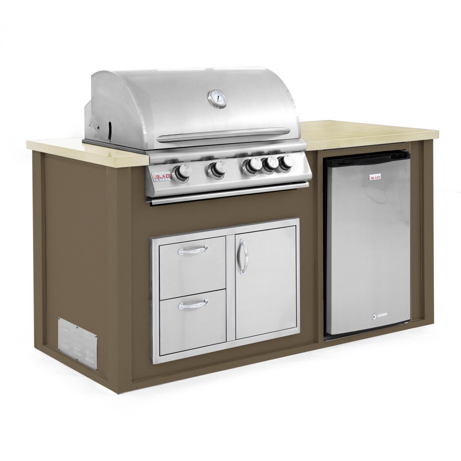 BBQGuys.com 6 Ft BBQ Island With Blaze 32-Inch Natural Gas Grill, Door/Drawer Combo & Compact Refrigerator - Brown/Buff - Angled View thumbnail