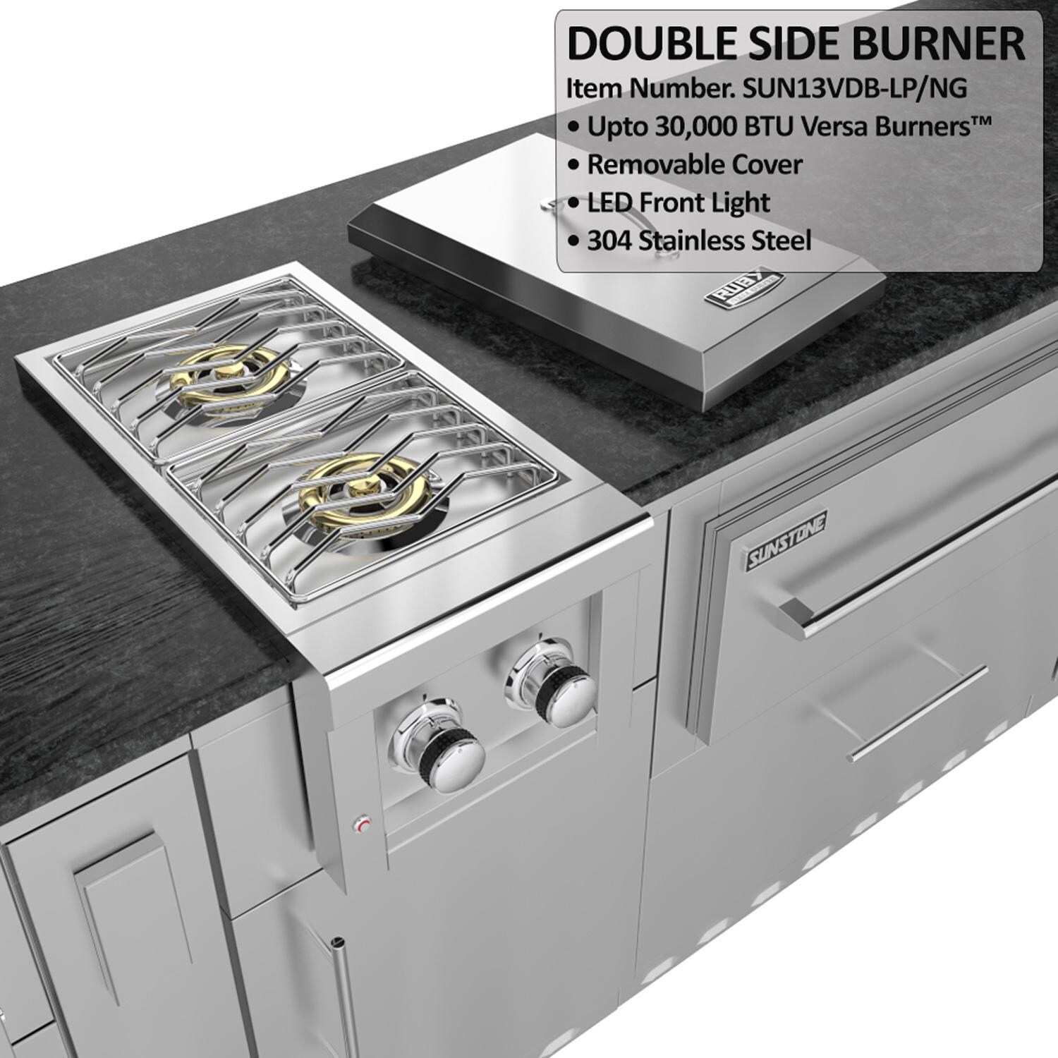 Sunstone Grills SCPFRENCHQUARTER13.7-LP French Quarter 13 1/2 Ft Outdoor Kitchen Island w/ Propane Grill & Side Burner, Sink, Refrigerator, Door & Drawer - Side Burner - Detail thumbnail