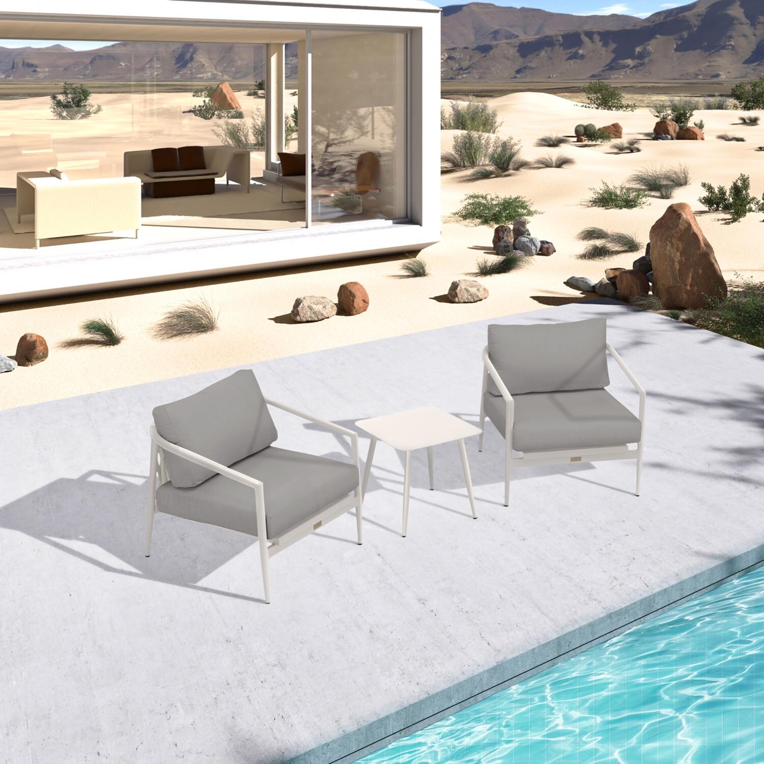 Lakeview Midnight Cove 3 Pc Aluminum Club Chair Seating Set in Urban Stone/Carrera/Canvas Charcoal - Top - Lifestyle thumbnail