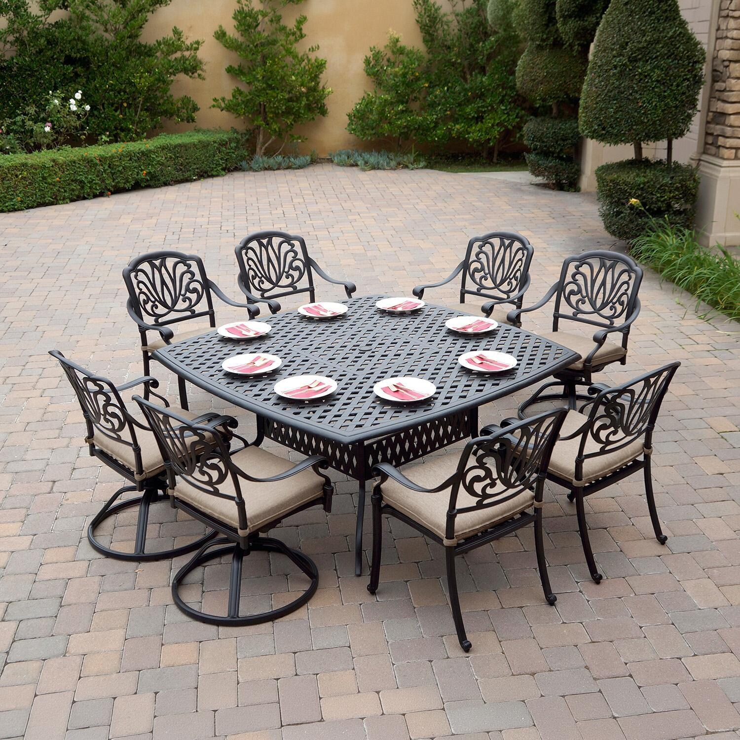 Darlee Elisabeth 9 Pc Cast Aluminum Dining Set w/ 64 Inch Series 30 Table & 4 Swivel Rockers in Antique Bronze/Beige - Set - Lifestyle thumbnail