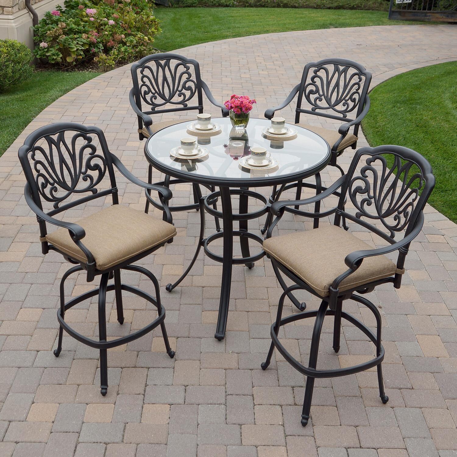 Elisabeth 5 Pc Cast Aluminum Bar Set w/ 42 Inch Round Classic Table in Antique Bronze/Sesame by Darlee