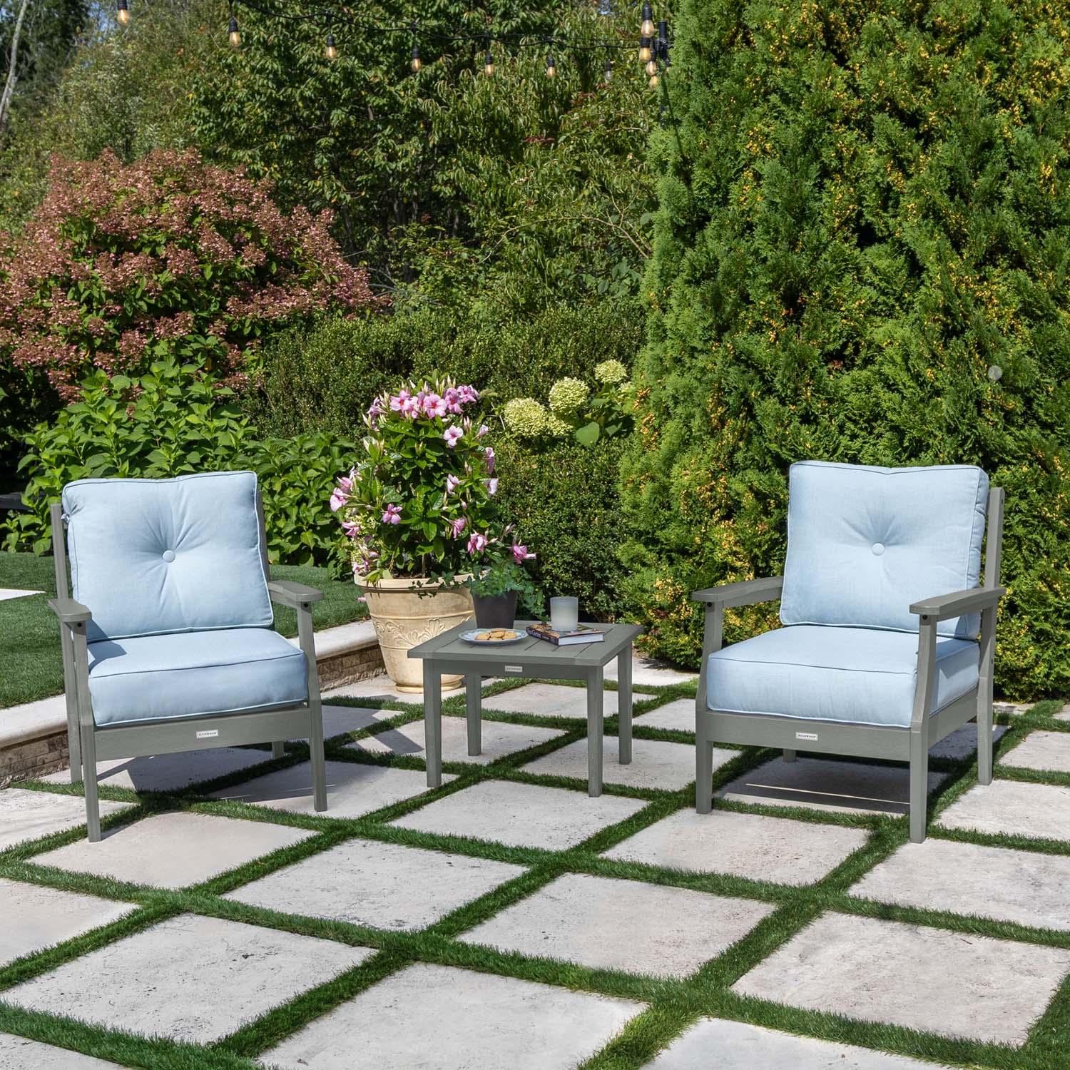 Blushing Bay 3 Pc Recycled Plastic Seating Set in Bliss Dew/Coastal Teak by Lakeview Outdoor Designs
