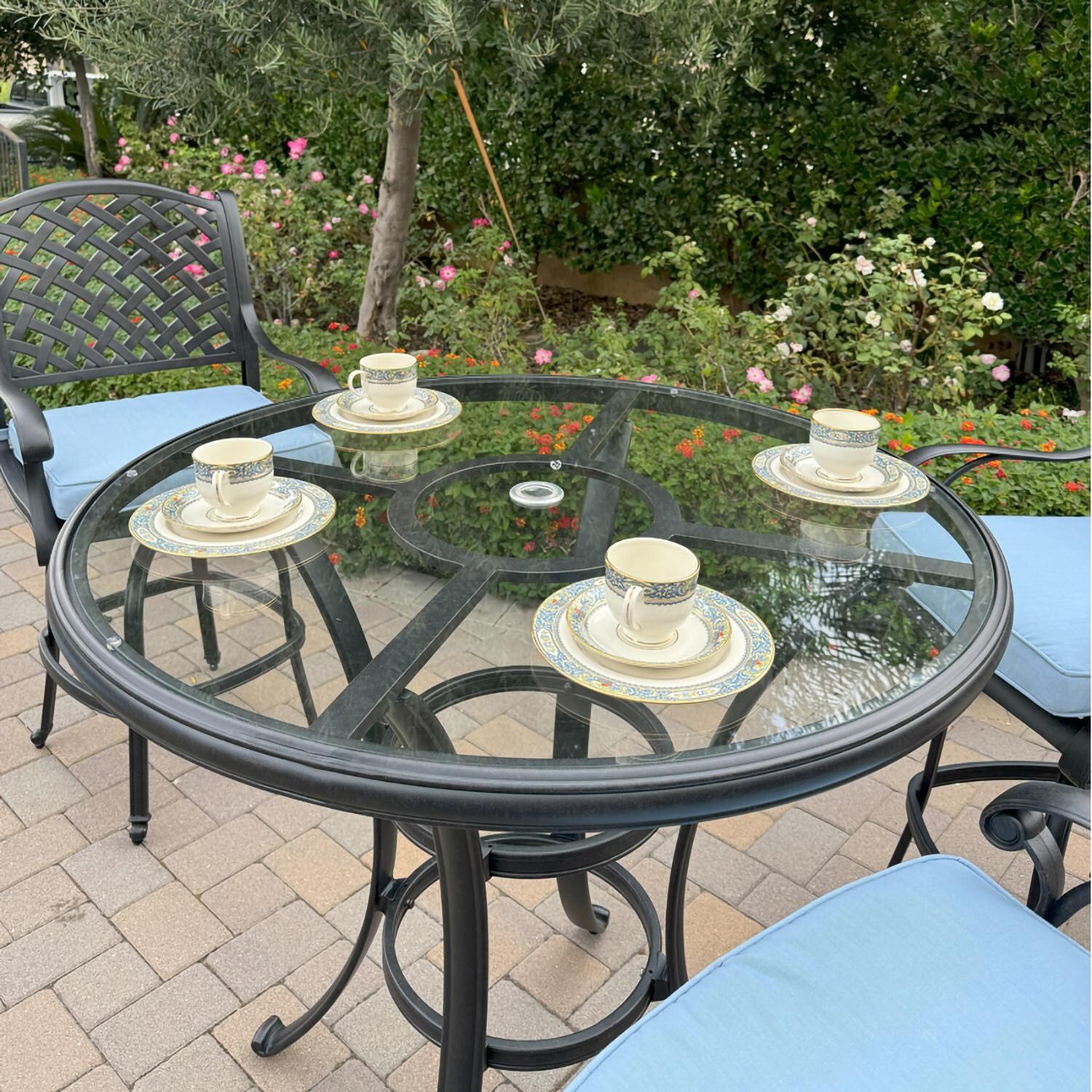 Darlee B/DL13-5PC-50F-B Nassau 5 Pc Cast Aluminum Bar Set in Antique Bronze w/ Blue Cushions - Place Settings - Lifestyle thumbnail