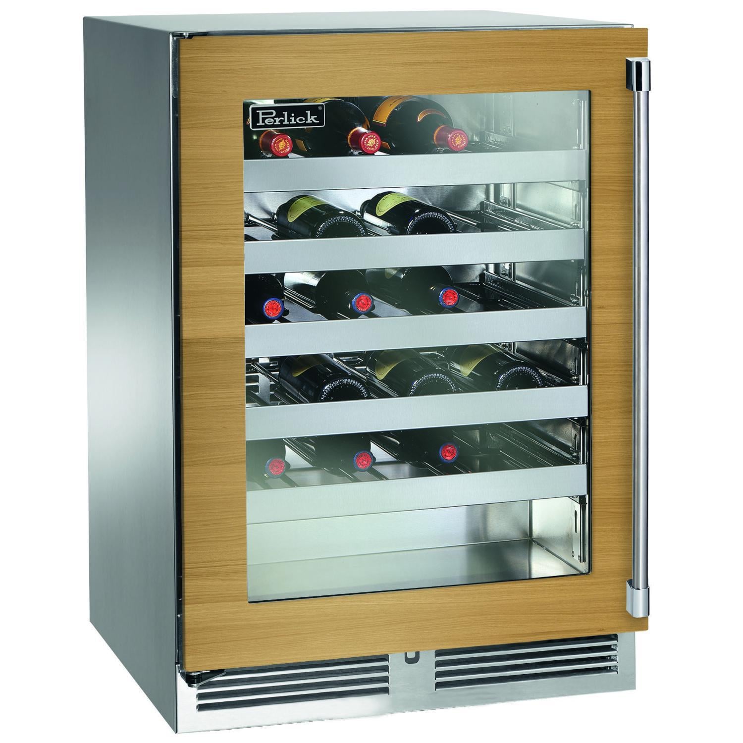 Perlick HP24WM-4-4LL 24-Inch Signature Series Stainless Steel Panel Ready Glass Door Outdoor Wine Reserve w/ Door Lock - Left Hinged - Custom Dark Wood Panel thumbnail