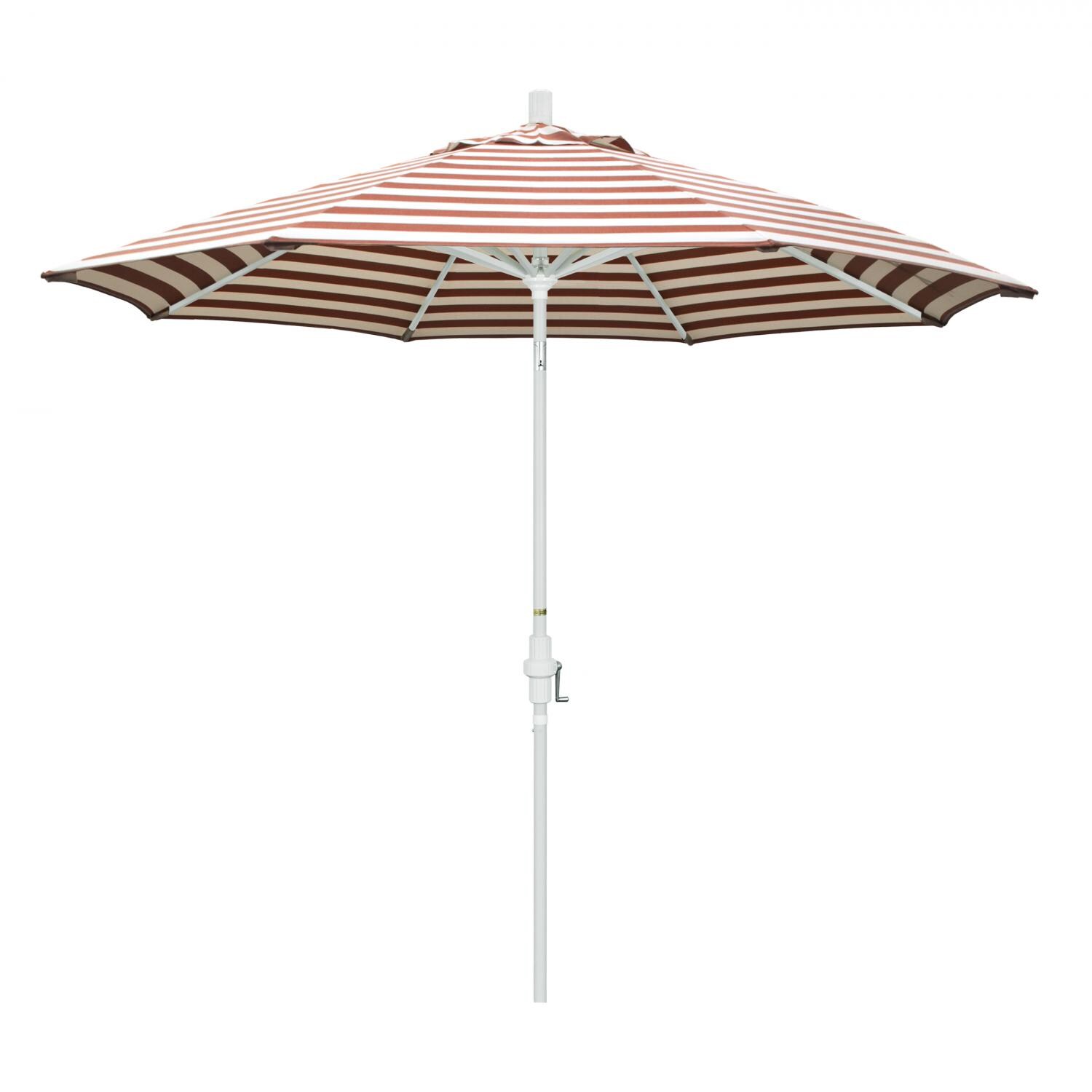 California Umbrella Golden State Series 9 Ft Octagonal Aluminum Collar Tilt Patio Umbrella W/ Crank Lift - Matted White Frame / Olefin Brick White Cabana Stripe Canopy