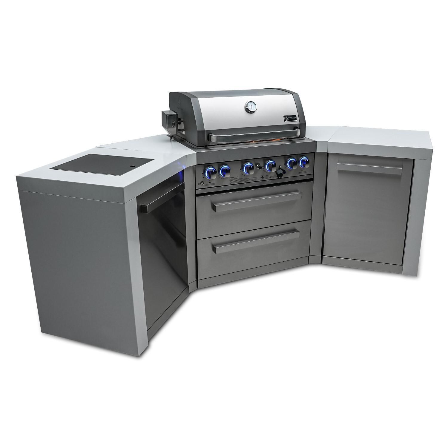 Mont Alpi - MAi400-D45 - Deluxe 45 Degree Propane Gas Island Grill W/ Infrared Side Burner & Rotisserie Kit - Angled Left - White Background