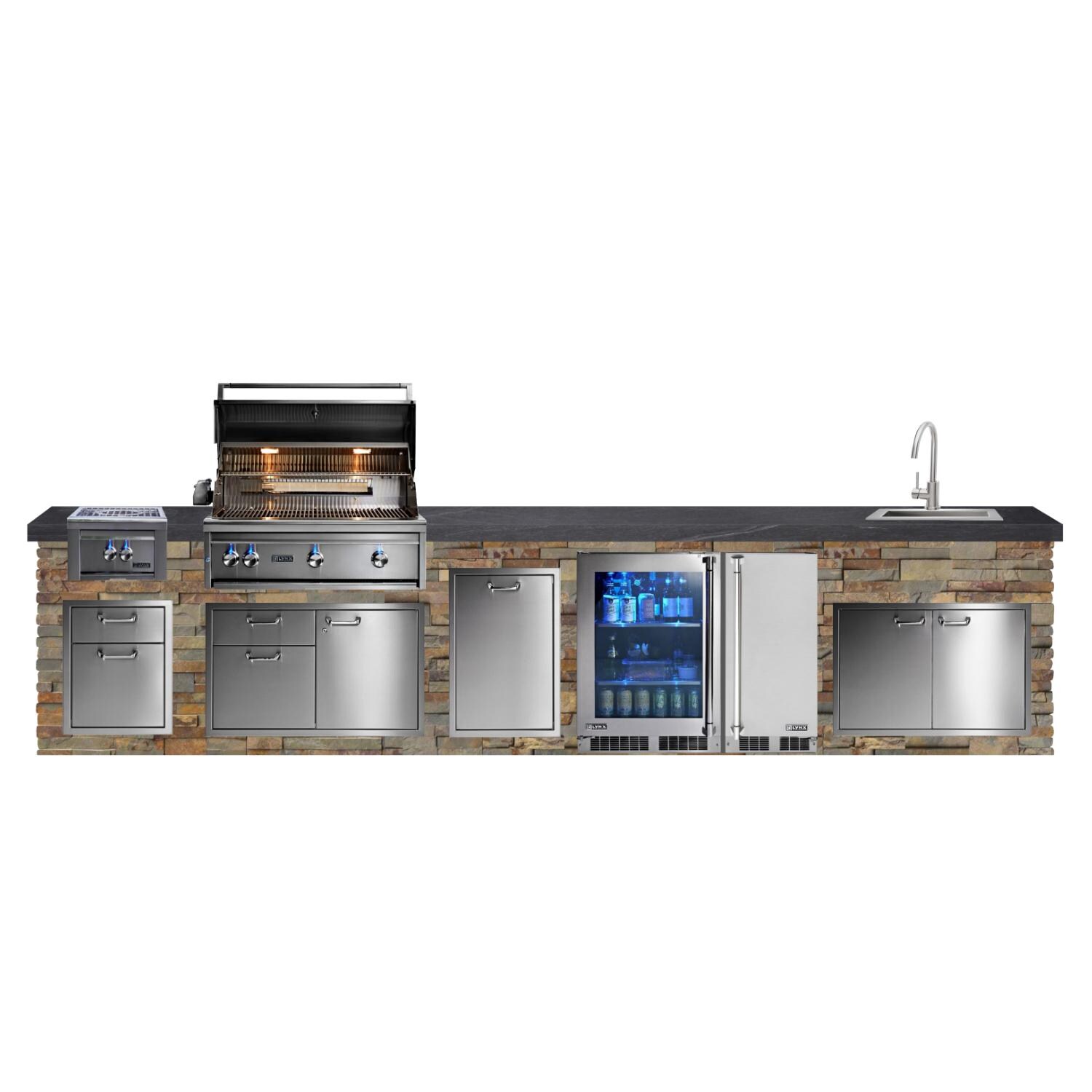 BBQGuys Signature 14ft Luxury Outdoor Kitchen w/ Lynx Professional 36-Inch Propane Grill, 21-Inch Sink, Power Burner, Ice Maker & Refrigerator - Gold Rush Stone w/ Black Polished Granite