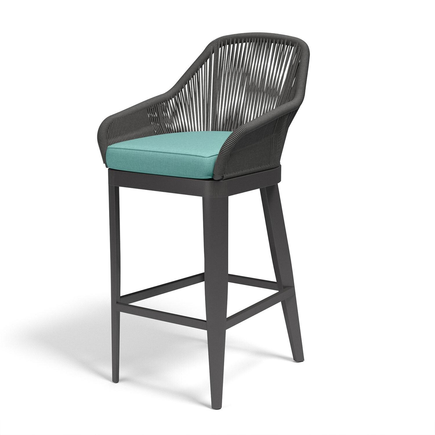 Milano Olefin Rope & Aluminum Patio Bar Stool in Dupione Celeste w/ Self Welt By Sunset West - Left Angle - White Background thumbnail