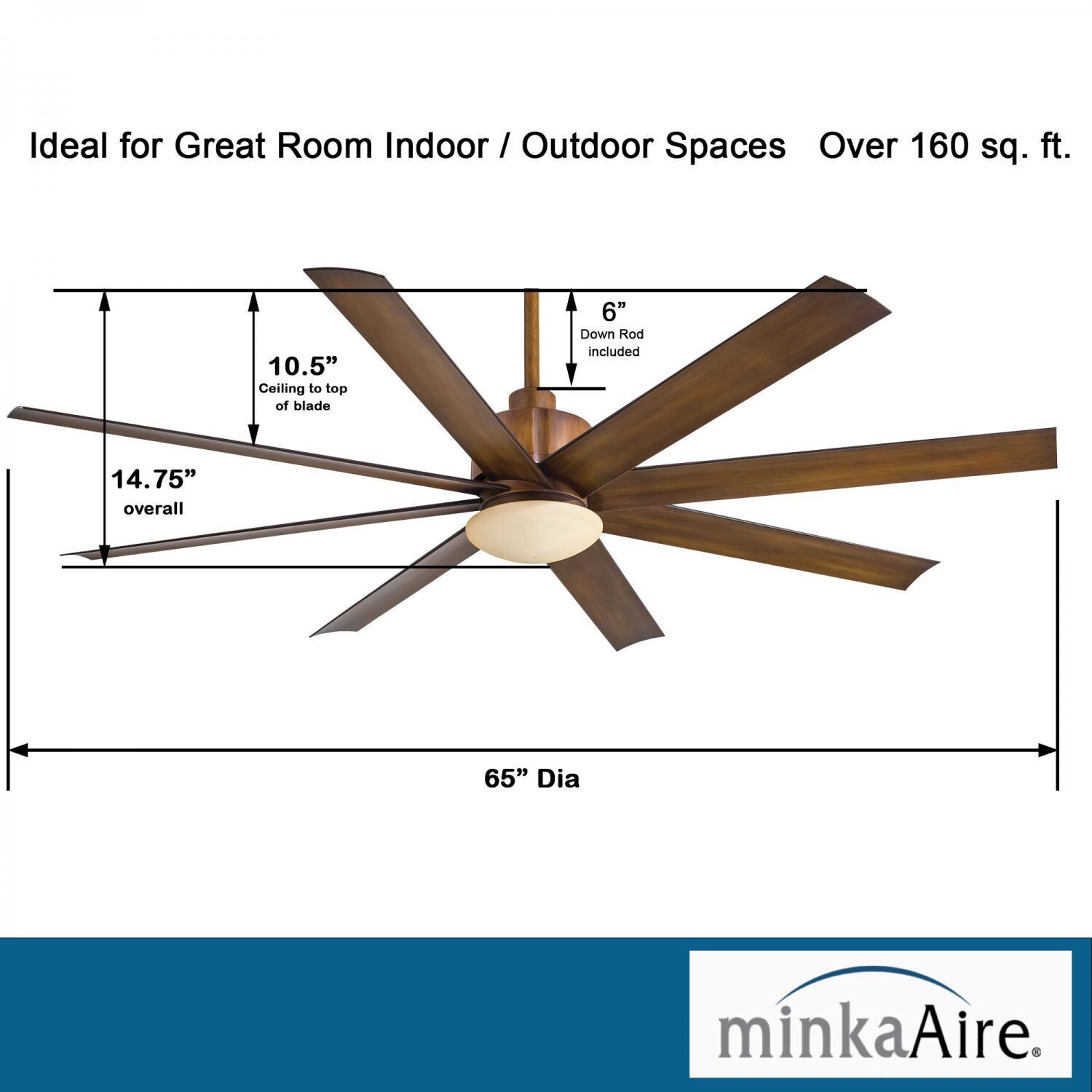 Minka-Aire F888L-DK Slipstream 65-Inch 8-Blade LED Ceiling Fan in Distressed Koa Finish w/ Distressed Koa Blades & Tinted Opal Glass - Dimensions thumbnail