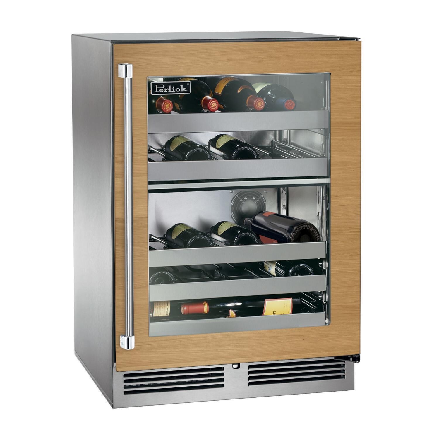 Perlick HP24DM-4-4R 24-Inch Signature Series Stainless Steel Panel Ready Glass Door Outdoor Dual Zone Wine Reserve - Custom Dark Wood Panel thumbnail