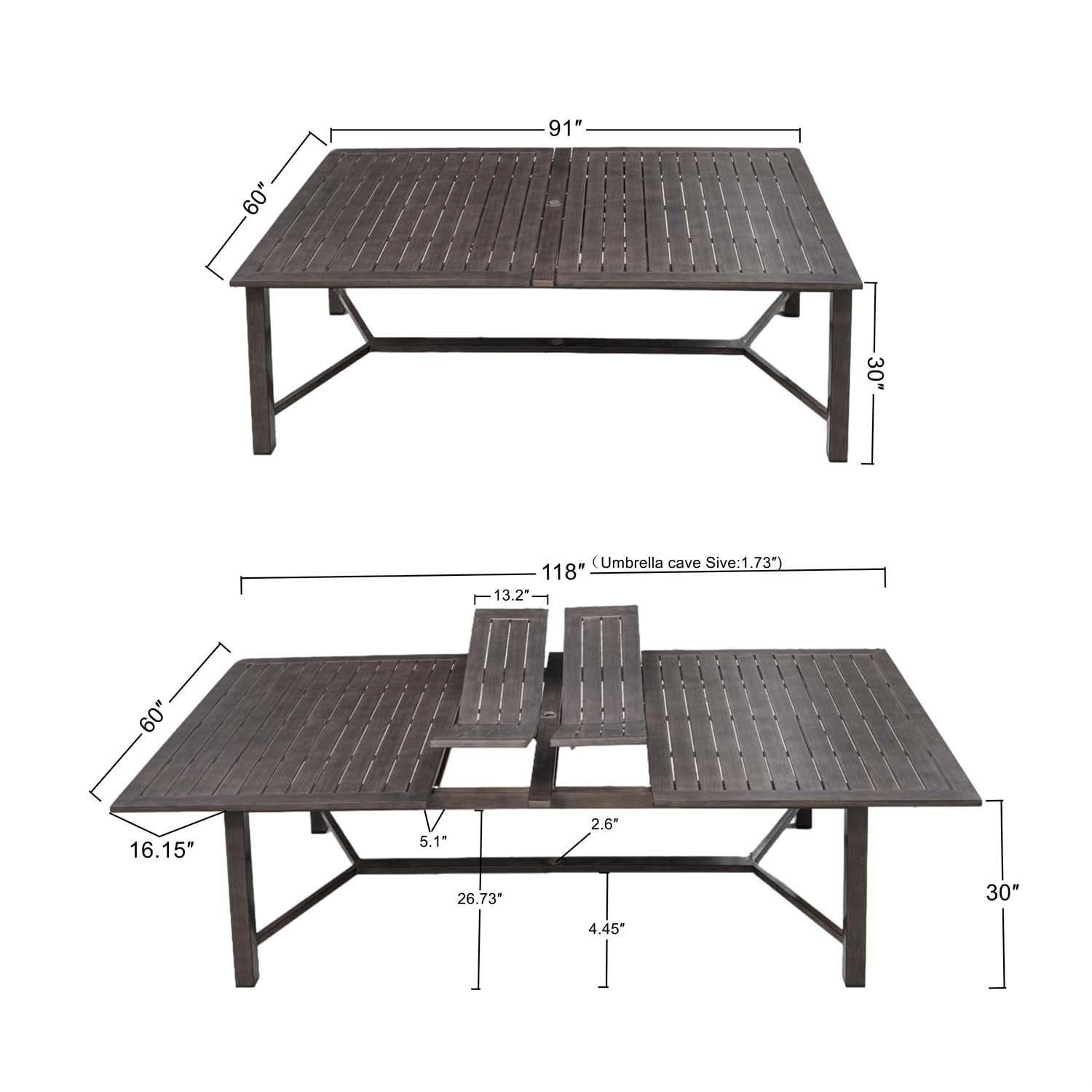 Atlantis 9 Pc Aluminum Dining Set in Walnut/Beige by Darlee - Table - Dimensional thumbnail
