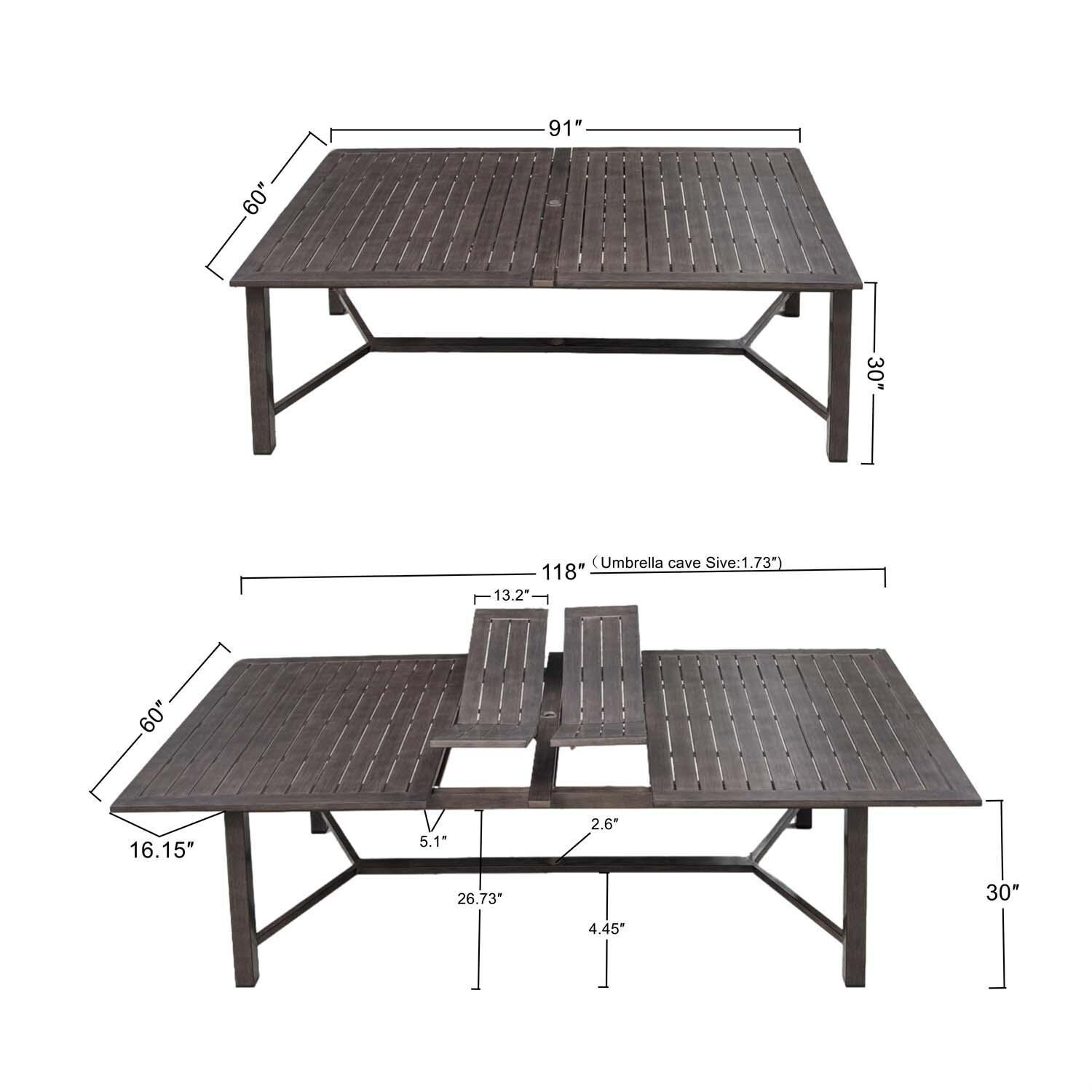 Atlantis 9 Pc Aluminum Dining Set in Walnut/Beige by Darlee - Table - Dimensional thumbnail