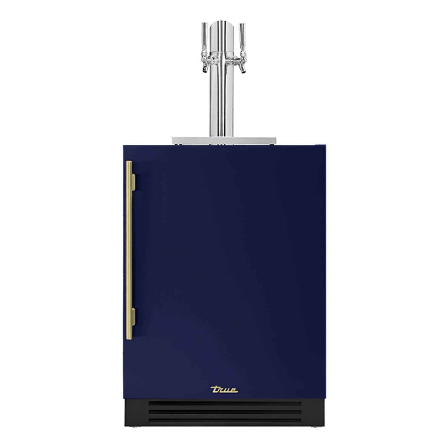 True TUR-24DD-R-OP-C~DSK-078-H01 24 Inch Right Hinge Outdoor Dual Tap Beverage Dispenser - Cobalt w/ Brass Handle - White Background thumbnail