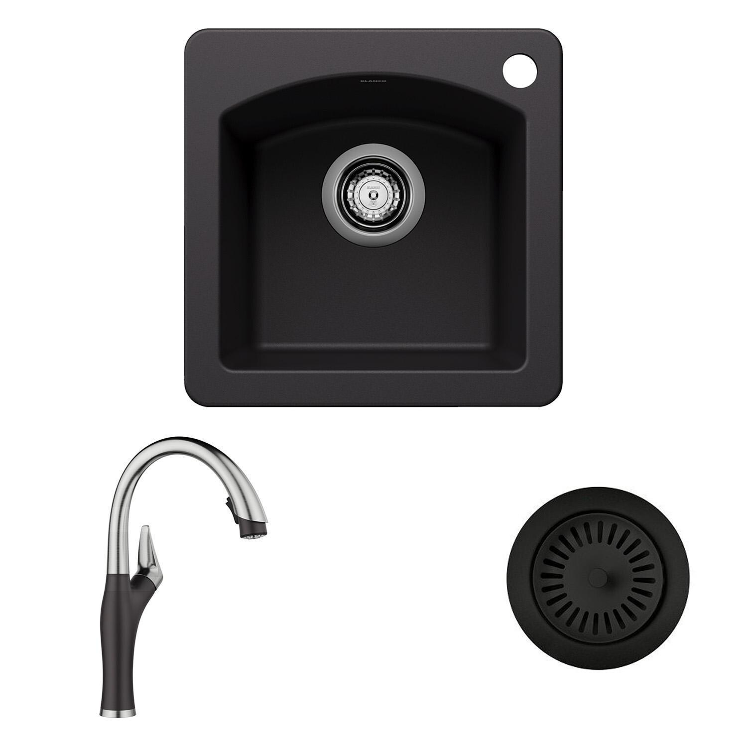 Blanco Diamond Silgranit 15 X 15 Drop-in/Undermount Bar Sink (Coal Black)w/ Blanco - Artona Pull-Down Dual Spray (Coal Black) and Matching Strainer