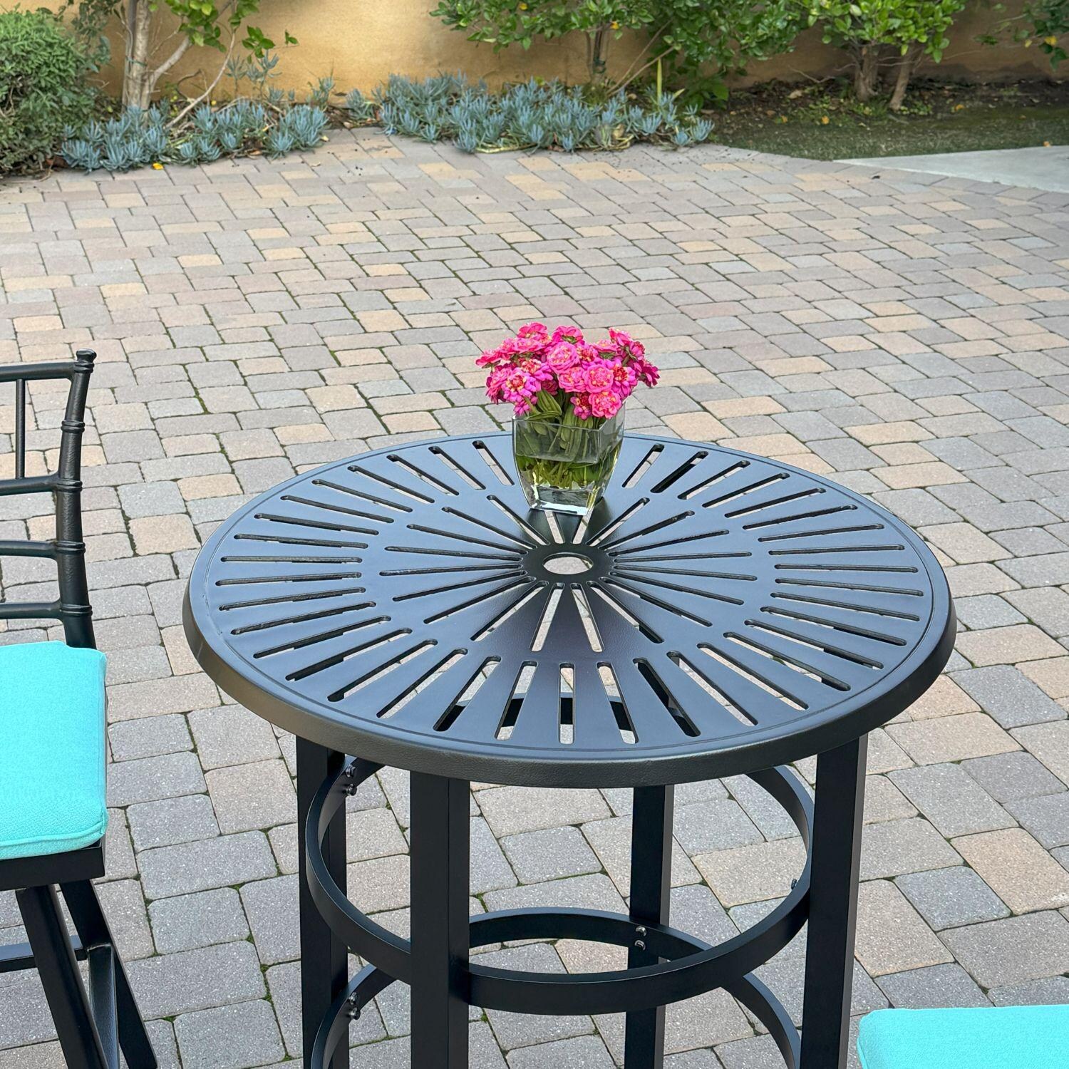 Bella Aluminum 3 Pc Patio Bar Set w/ 30-in Round Counter Height Bar Table in Blue by Darlee - Bar Table w/ Table Decorations - Lifestyle thumbnail