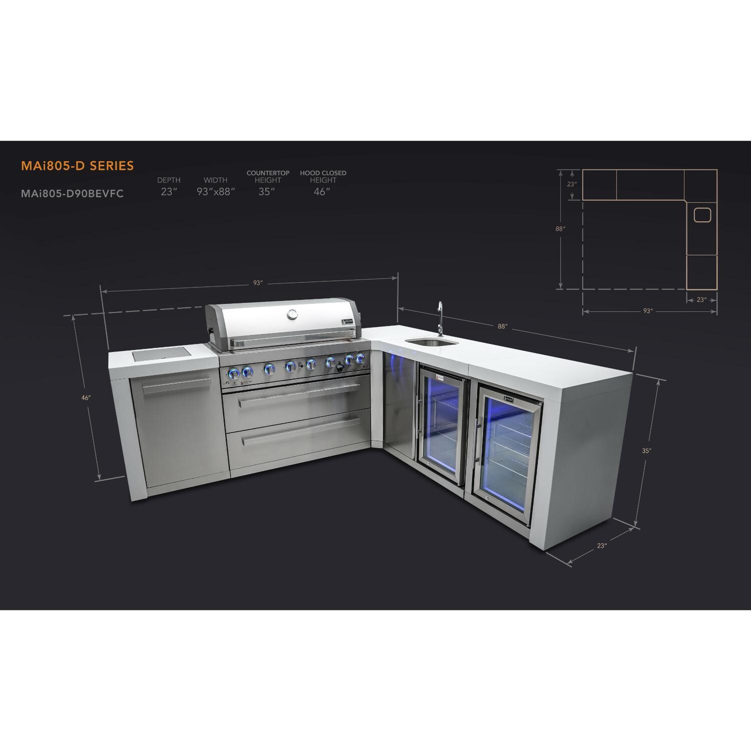 Mont Alpi MAi805-D90BEVFC 805 Deluxe Propane Island W/ 90 Degree Corner, Beverage Center & Fridge Cabinet - Dimensional thumbnail