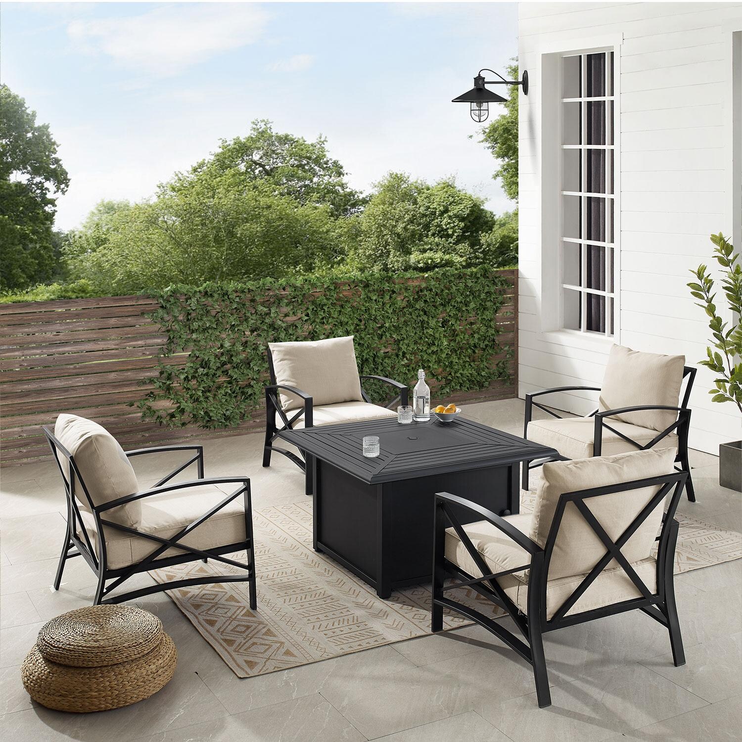 Ultimate Patio UP-82268BZ-OL 5Pc Outdoor Chair Set W/ Fire Table in Oatmeal - On Patio W/ Fire Table Off - Lifestyle thumbnail