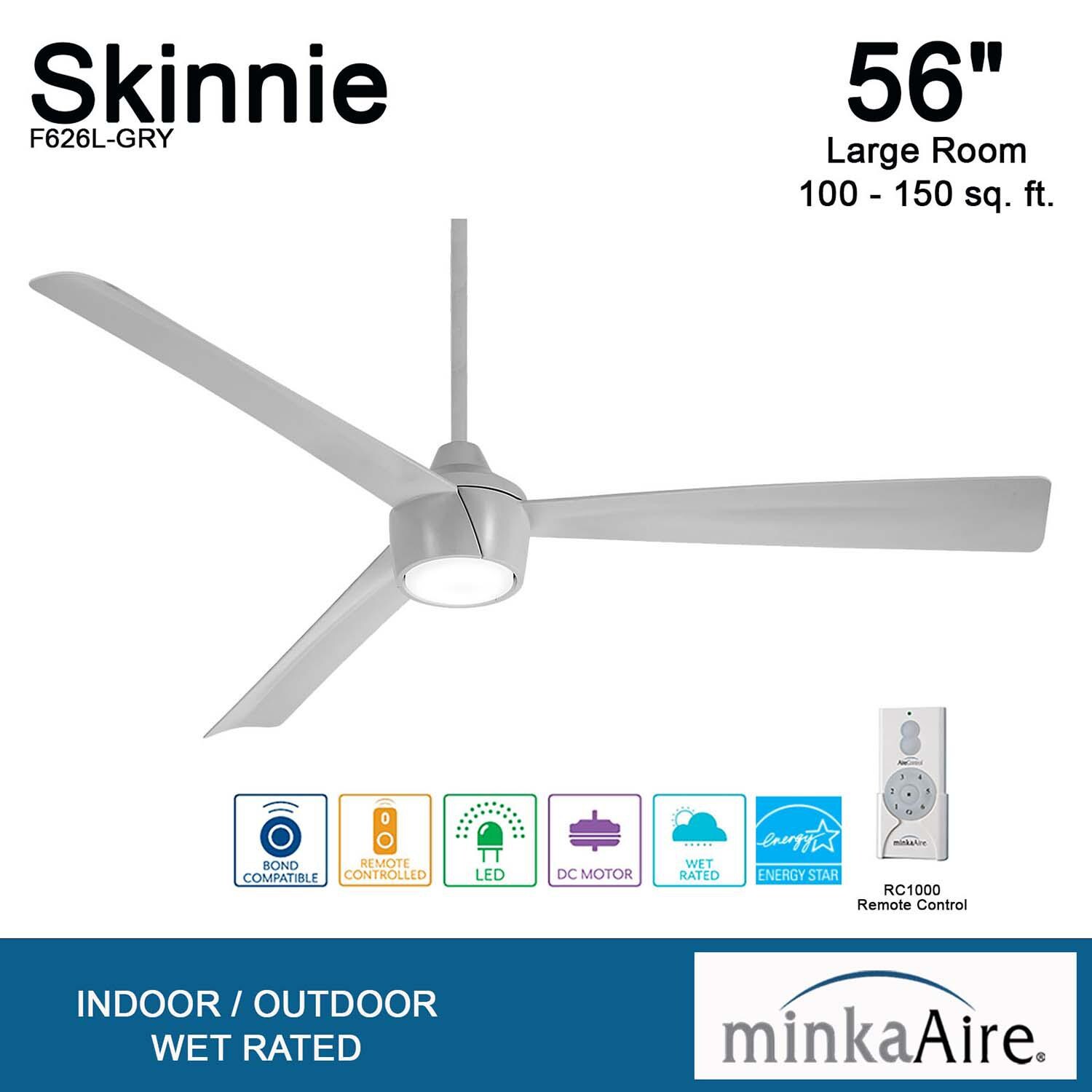 Minka-Aire F626L-GRY Skinnie 56-Inch 3-Blade LED Ceiling Fan in Grey Finish w/ Grey Blades & Etched Lens - Overview thumbnail