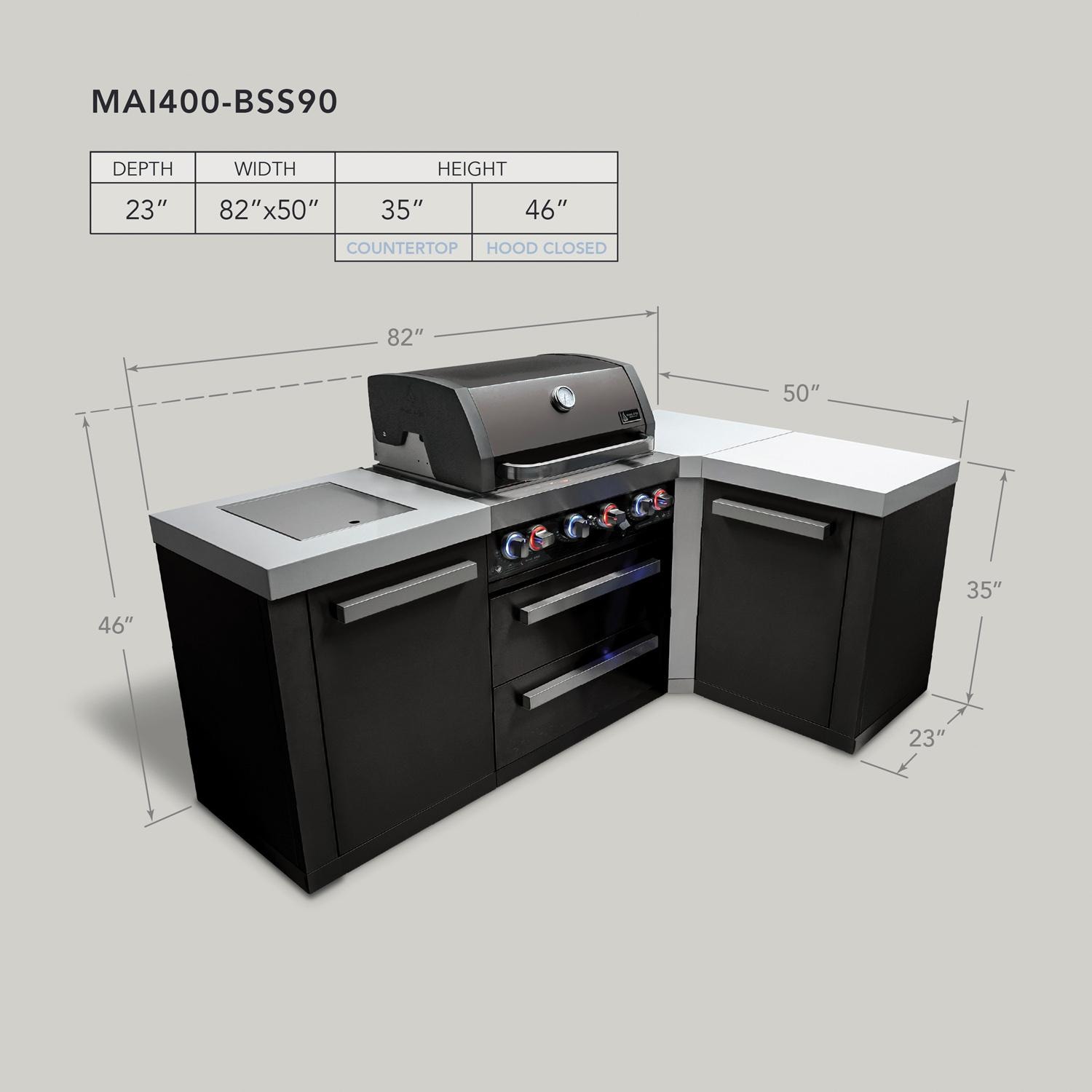 Mont Alpi MAi400-BSS90 Black Series 7 1/2 Ft L-Shaped Propane Outdoor Kitchen Island w/ Side Burner - Dimensions - Dimensional thumbnail