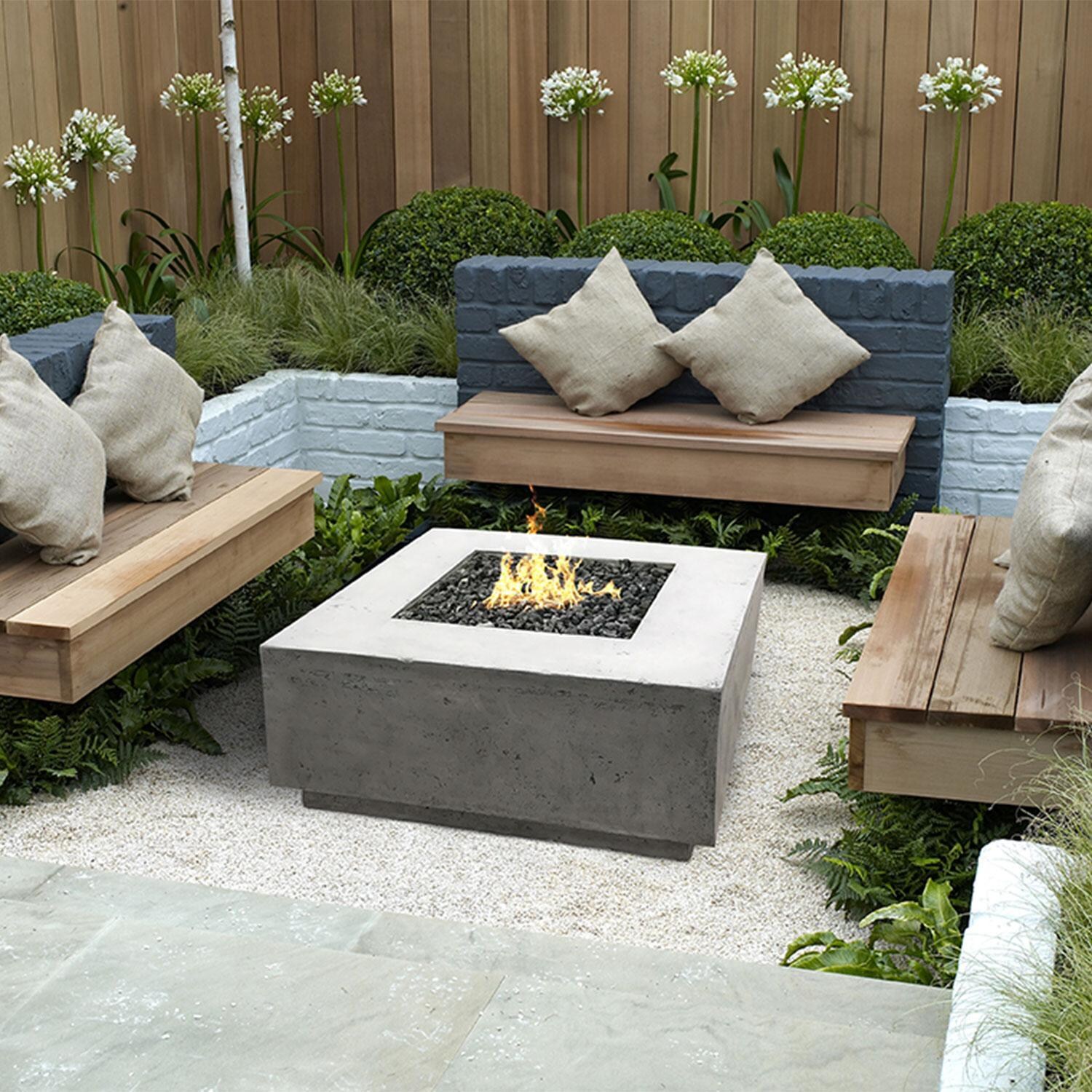 Prism Hardscapes SCPH-406-4LP Tavola 2 36-Inch Propane Square Fire Pit Table - Pewter - Conversating Benches - Lifestyle
