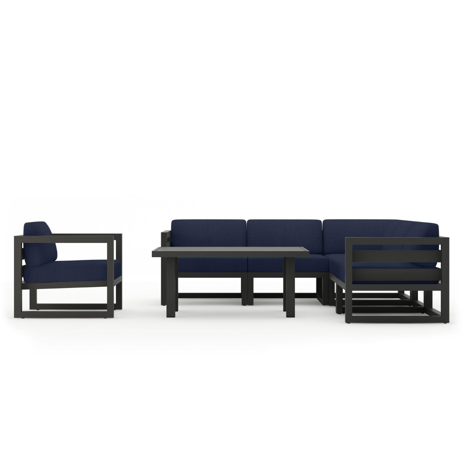 Misty Cove 7 Pc Aluminum Seating Set w/ Sectional & Classic Chat Table in Slate/Spectrum Indigo by Lakeview Outdoor Designs