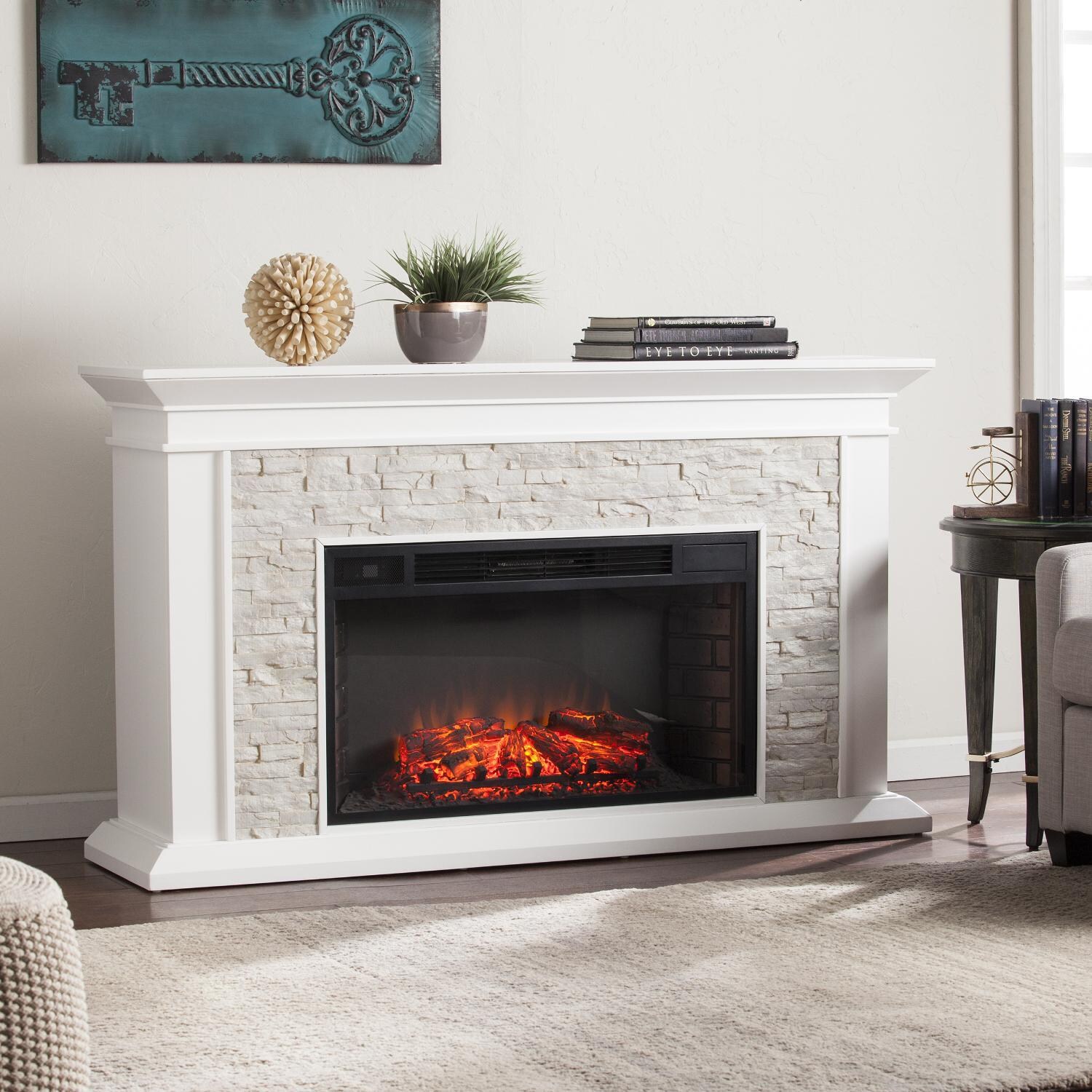 Southern Enterprises Canyon Heights 60-Inch Electric Fireplace Mantel Package - White W/ Rustic White Faux Stone - FE9021